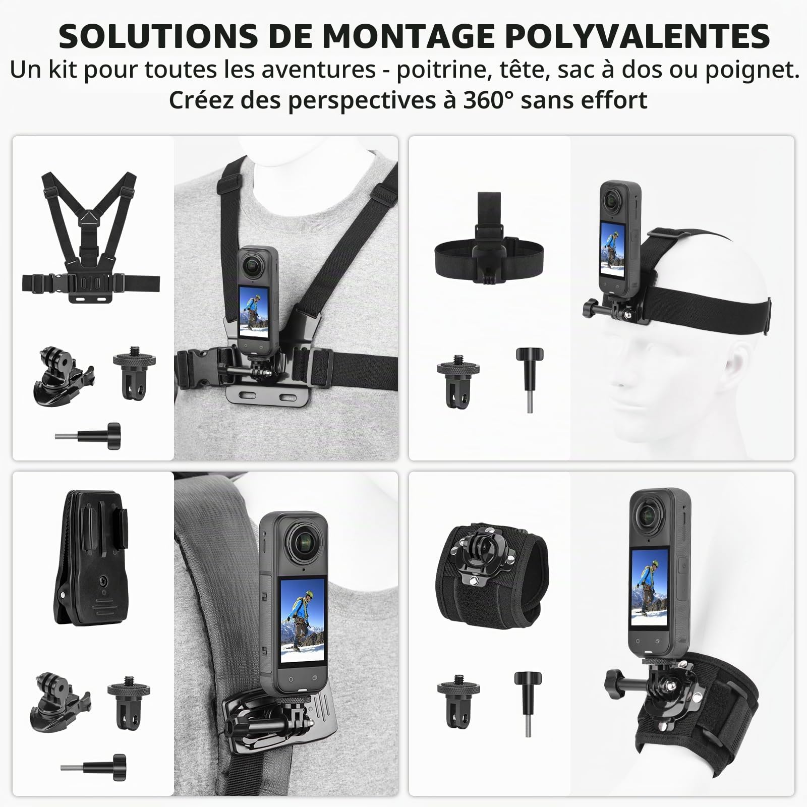 BRDRC Kit d'accessoires pour Insta 360 X5 X4, sangle de poitrine, harnais pour sac à dos, support de poignet, adaptateur rotatif à 360° + libération rapide pour Insta360 One X5 X4 X3 X2 X