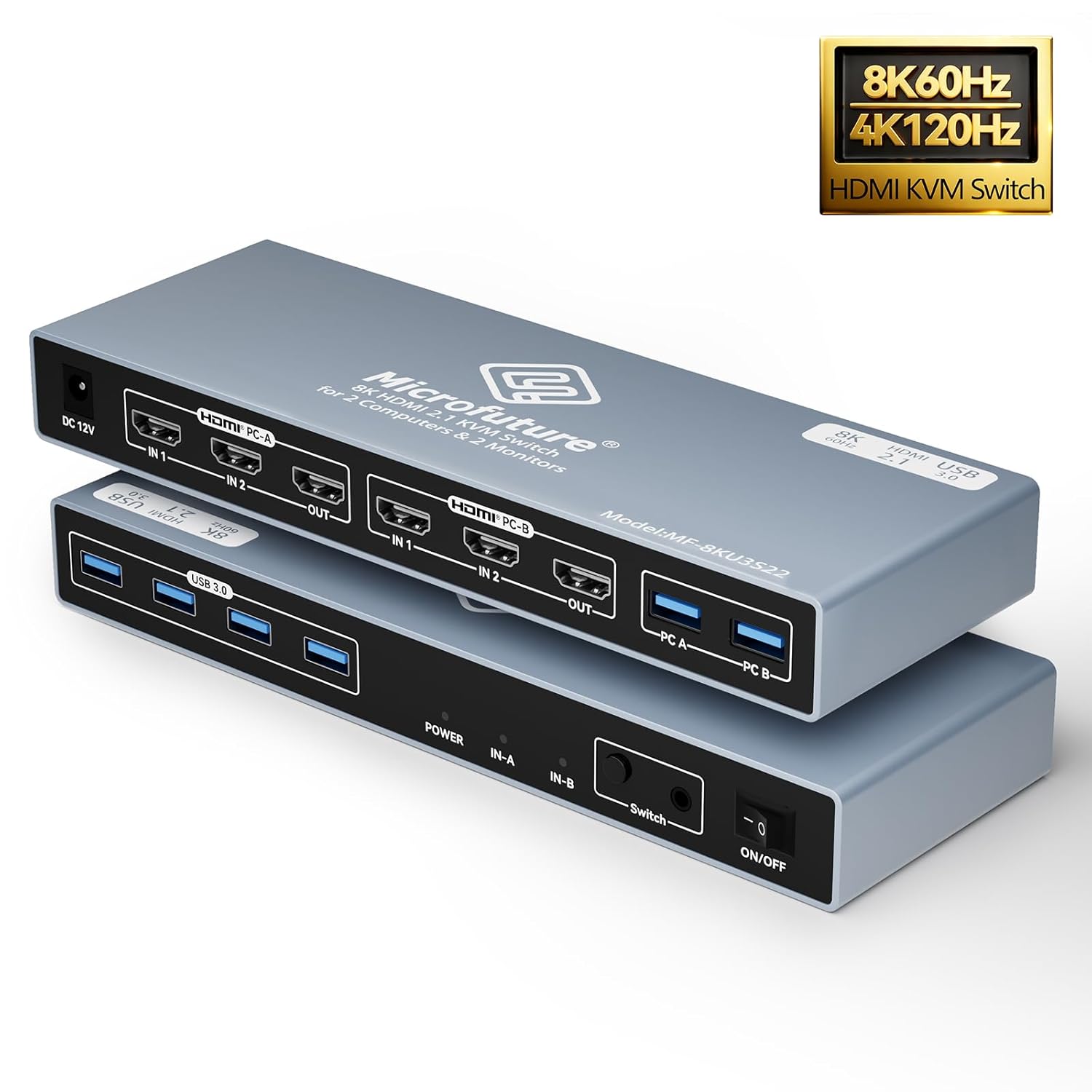 8K@60Hz 4K@120Hz HDMI KVM Switch | w/Extension Button Module | HDMI 2.1×2 for Dual Monitors | 4-Port USB 3.0 Hub | 2-PC Control & Power Adapter (No DP/No Mac)