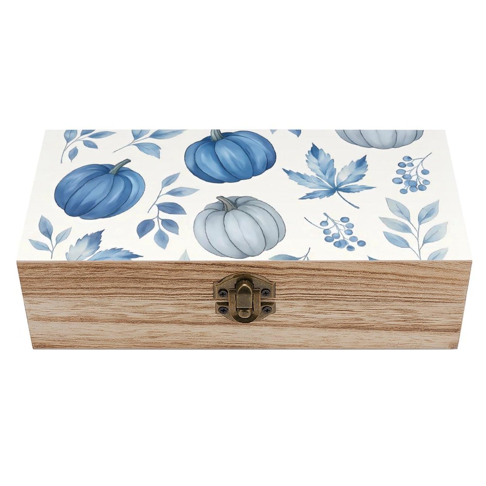 HLBSDM Fall Blue Pumpkins & Maple Leaves Retro Wooden Storage Box Jewelry Art Gift Boxs Decorative Keepsake Boxes