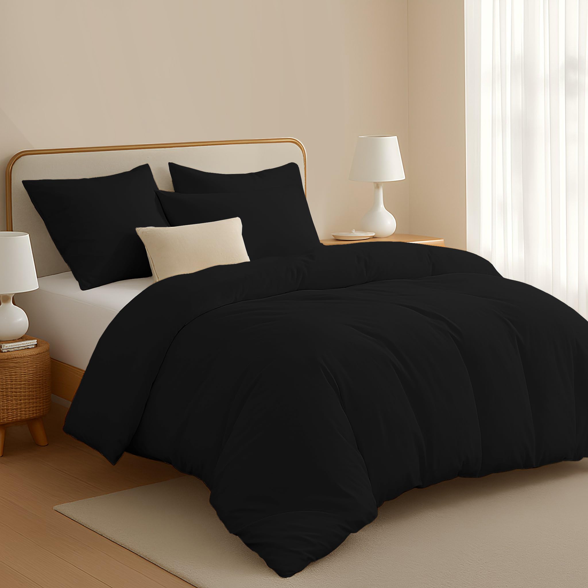Pamposh Black 400 Thread Count Egyptian Cotton Double Duvet Set - Premium Cotton Breathable Duvet Cover Double - Luxurious Hotel Quality Bedding Set With Zipper Closure