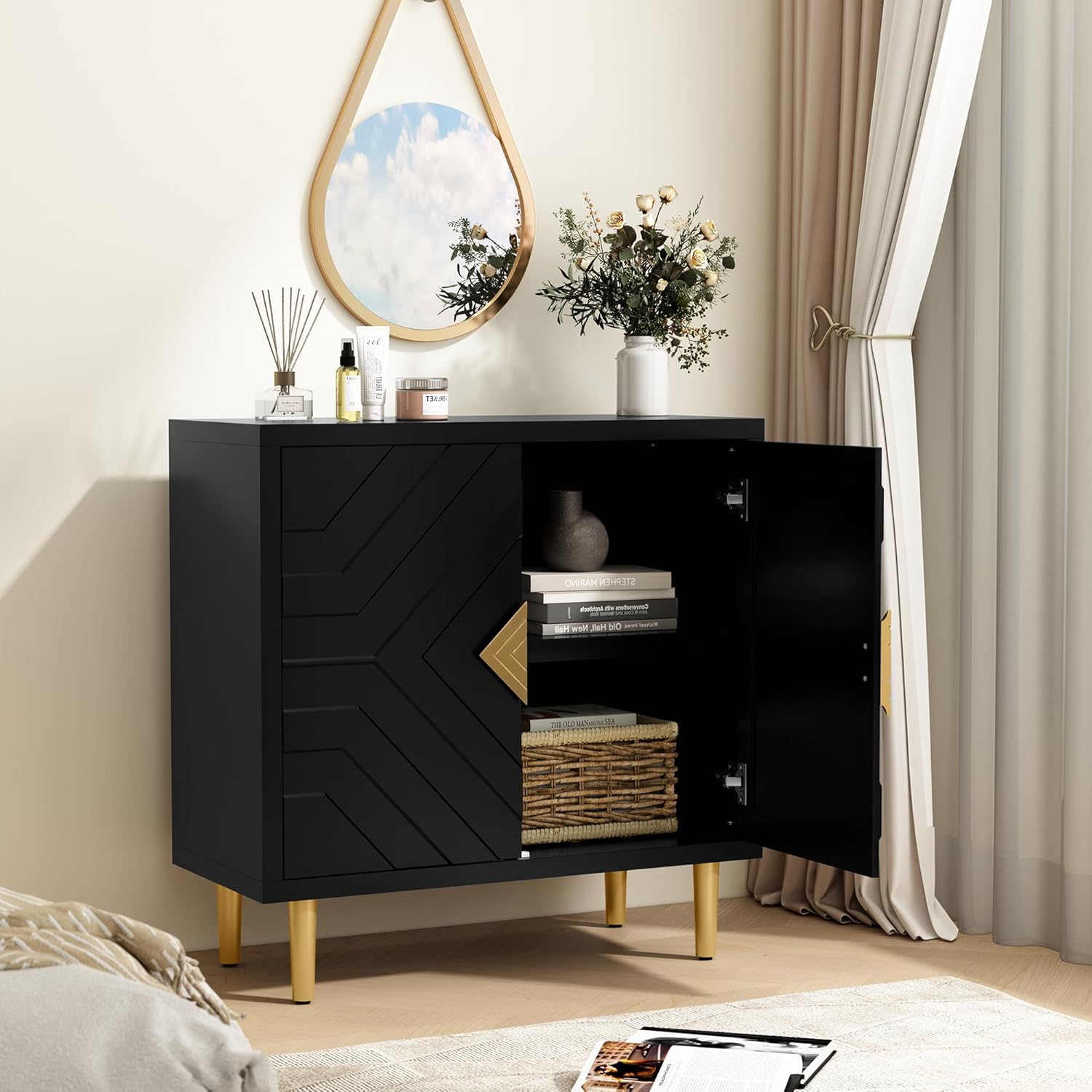 HLR Sideboard Storage Cabinet with 2 Doors, Accent Cabinet with Decorative Embossed Pattern Doors, Sideboard Buffet Cabinet for Living Room, Kitchen, Dining Room, Hallway - Image 6