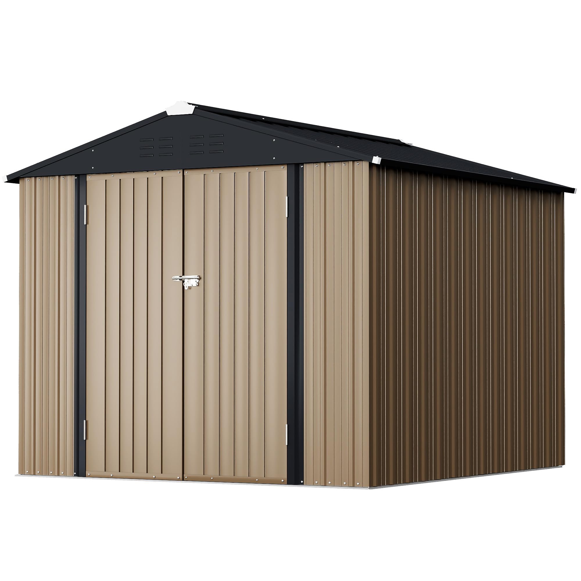 GUNJI 8 x 6 FT Shed Outdoor Storage Shed Metal Garden Shed with Lockable Door Outside Waterproof Tool Shed for Backyard, Patio, Lawn (Brown)