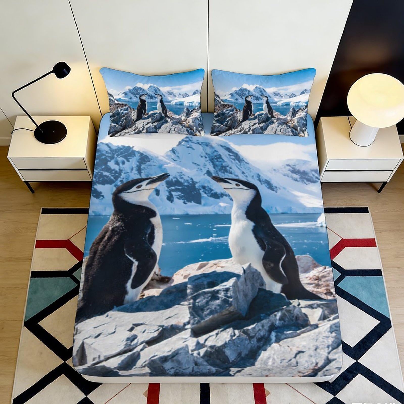 3D Printed Penguin Mountain Fitted Sheet Microfiber Blue Glacier Mattress Cover Non-slip Washable Decor All Ages 200x200x25cm