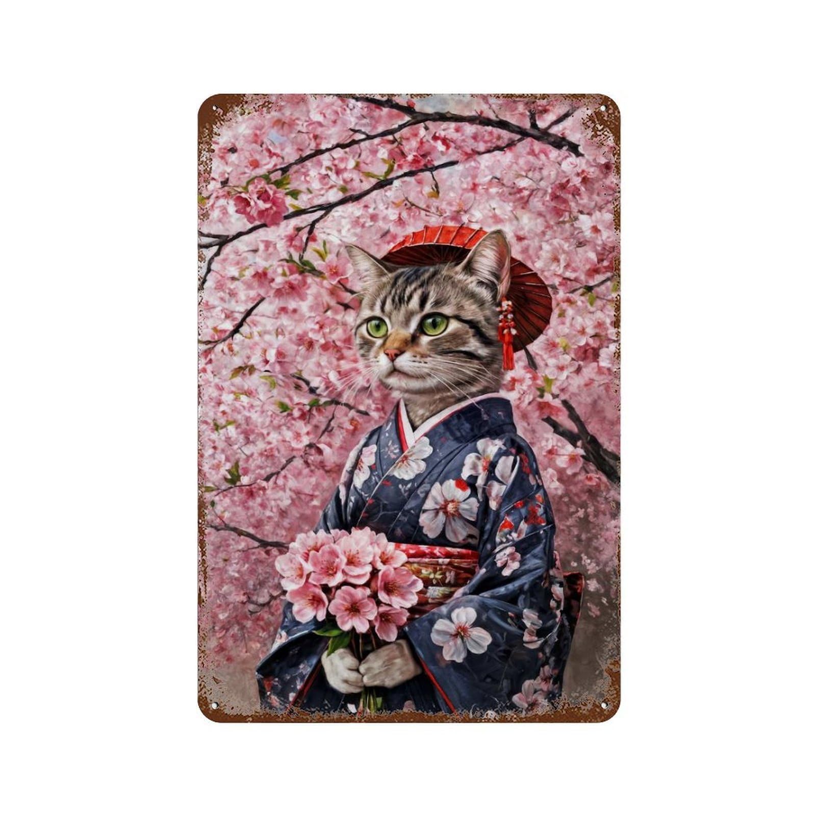 Garage Style Cat in Kimono with Cherry Blossoms Rustic Tin Plaque 11.8"x7.9", Vintage Wall Decor for Bar And Workshop