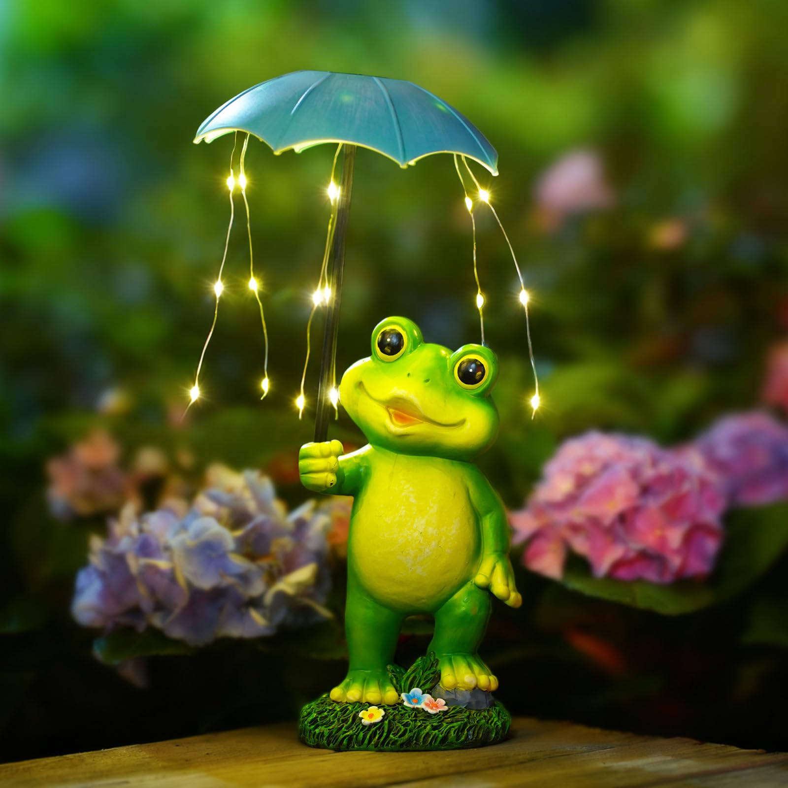 Yeomoo Solar Frog Garden Ornaments Outdoor - Indoor/Outdoor Resin Statue with Umbrella Fairy Lights for Yard Lawn Porch Home - Housewarming Gifts for Women Men Mum(Green)