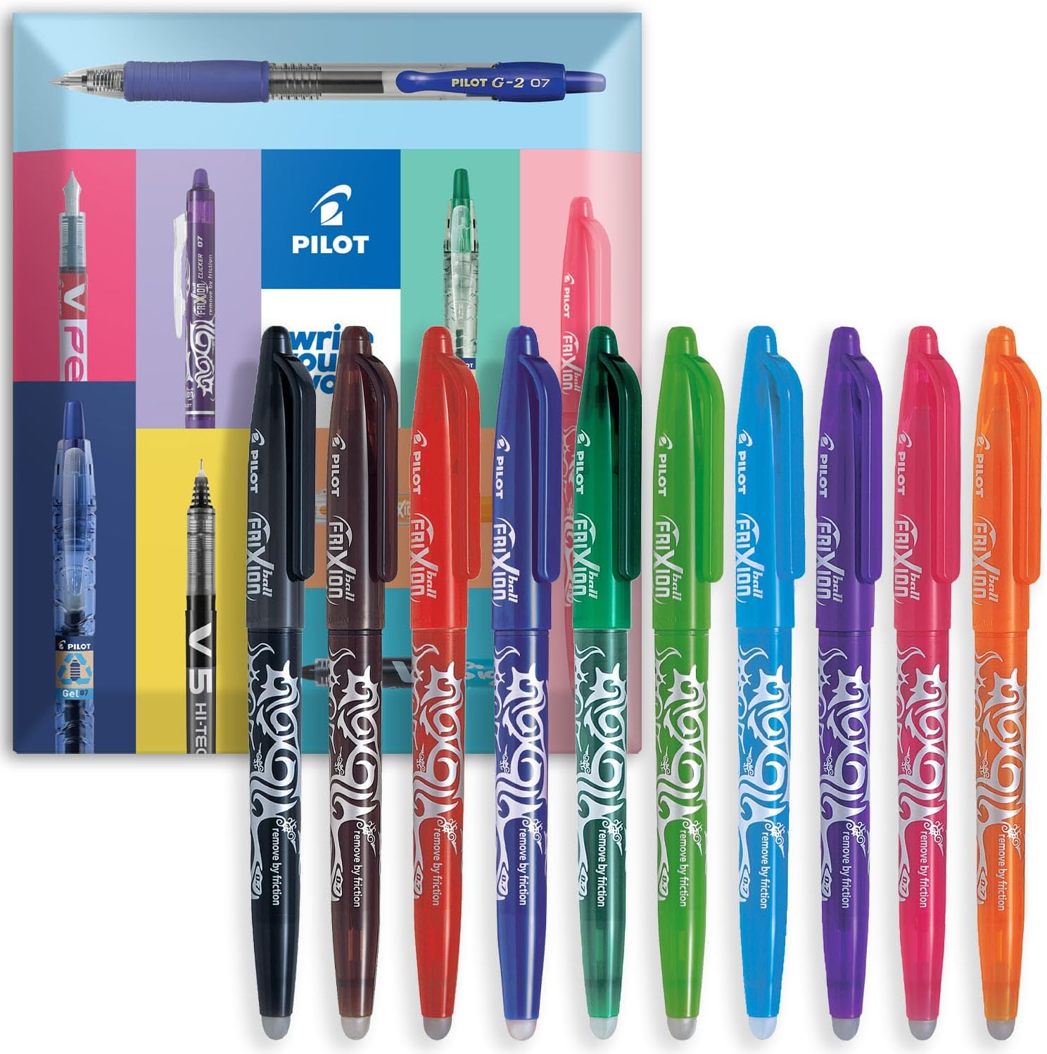 PILOT Frixion Heat/Friction Erasable Rollerball Pen FR7 - Medium 0.7mm Nib - In Envelope Gift Packaging - Pack of 10 - Black, Brown, Red, Orange, Pink, Violet, Blue, Light Blue, Lime Green, Green