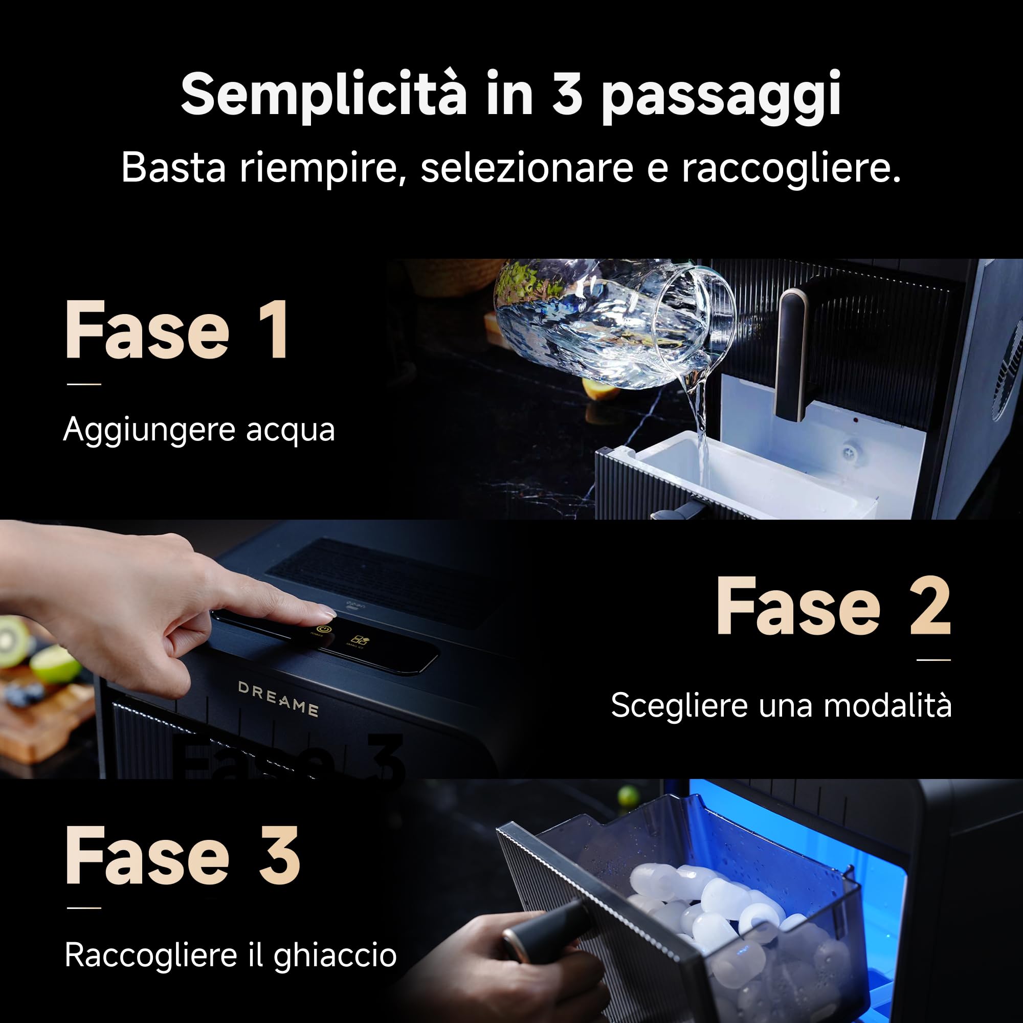 DREAME Aura Macchina per Ghiaccio a Cubetti Cavi con Produzione Rapida in 6 Minuti, Serbatoio e Cestello Separati, due Dimensioni di Cubetti, Controllo Digitale, Luce LED e Funzione Autopulente