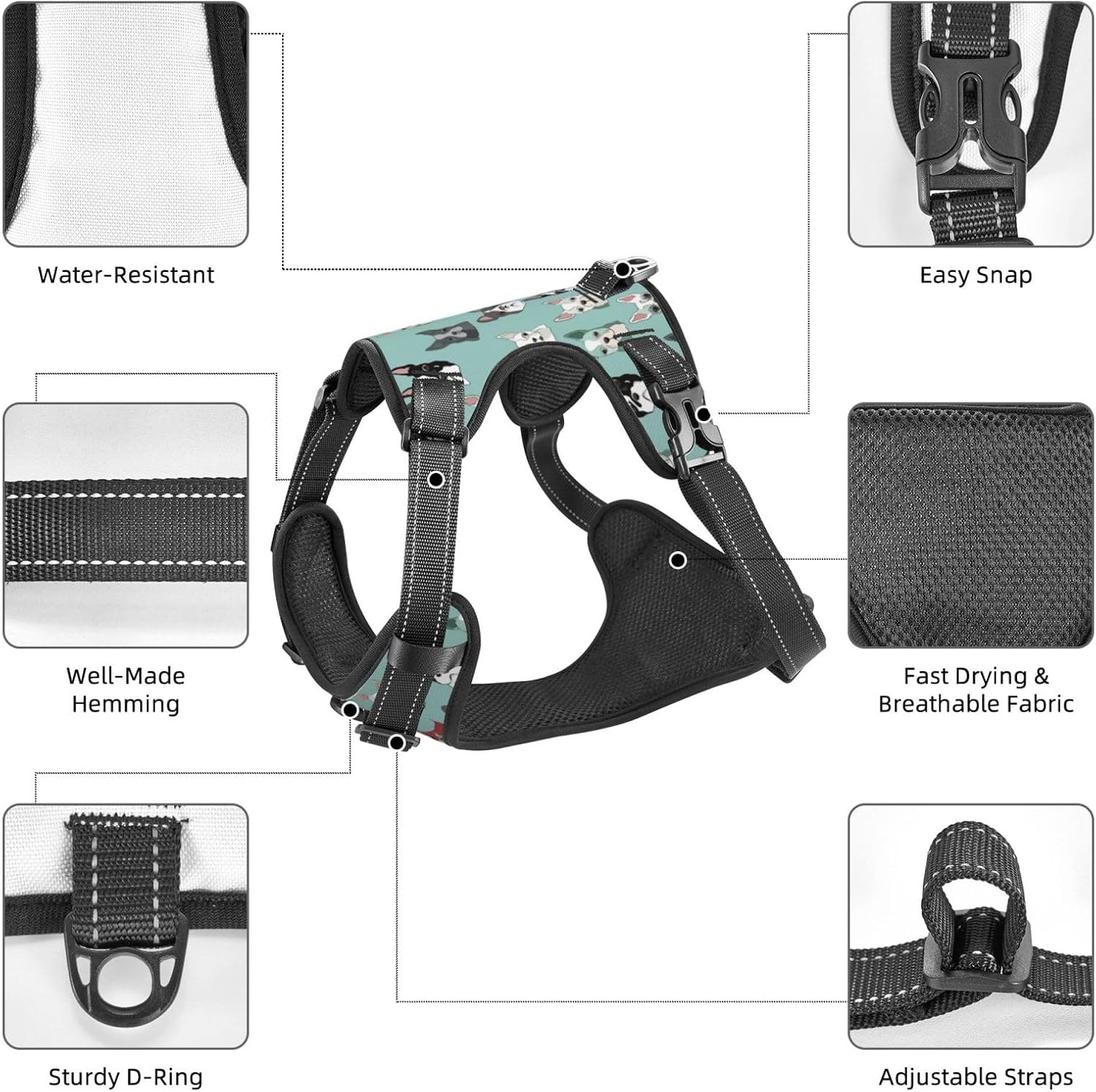 Dog Harness for X-Large Dogs with Leash No Pull 2 Leash Clips, Adjustable Soft Teal Cute Dog Puppy Dog Vest Set X-Large Size