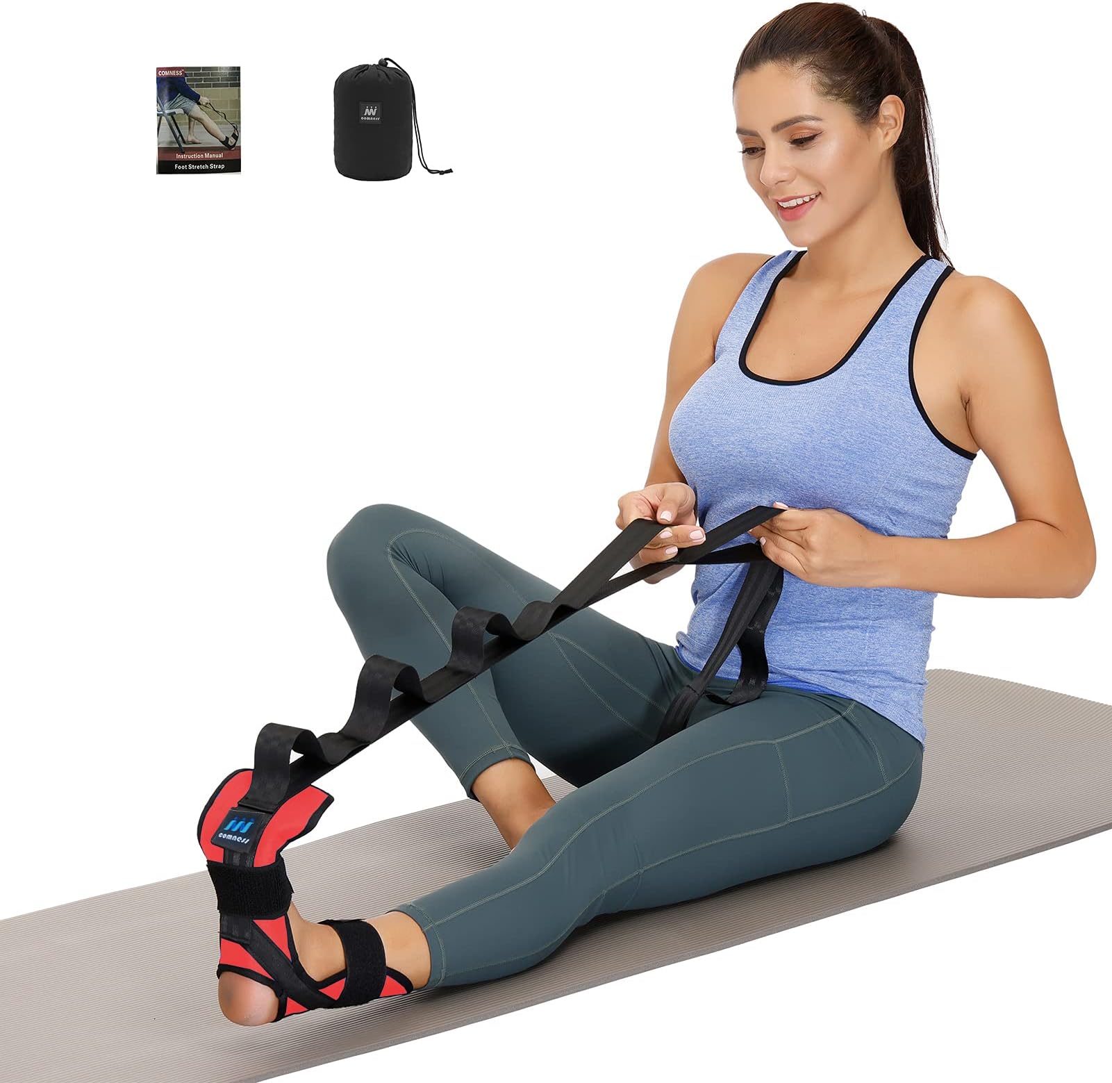 Foot and Calf Stretcher Stretching Strap For Plantar Fasciitis, Heel Spurs, Foot Drop, Achilles Tendonitis & Hamstring. Yoga & Leg Stretch Strap. (Red)