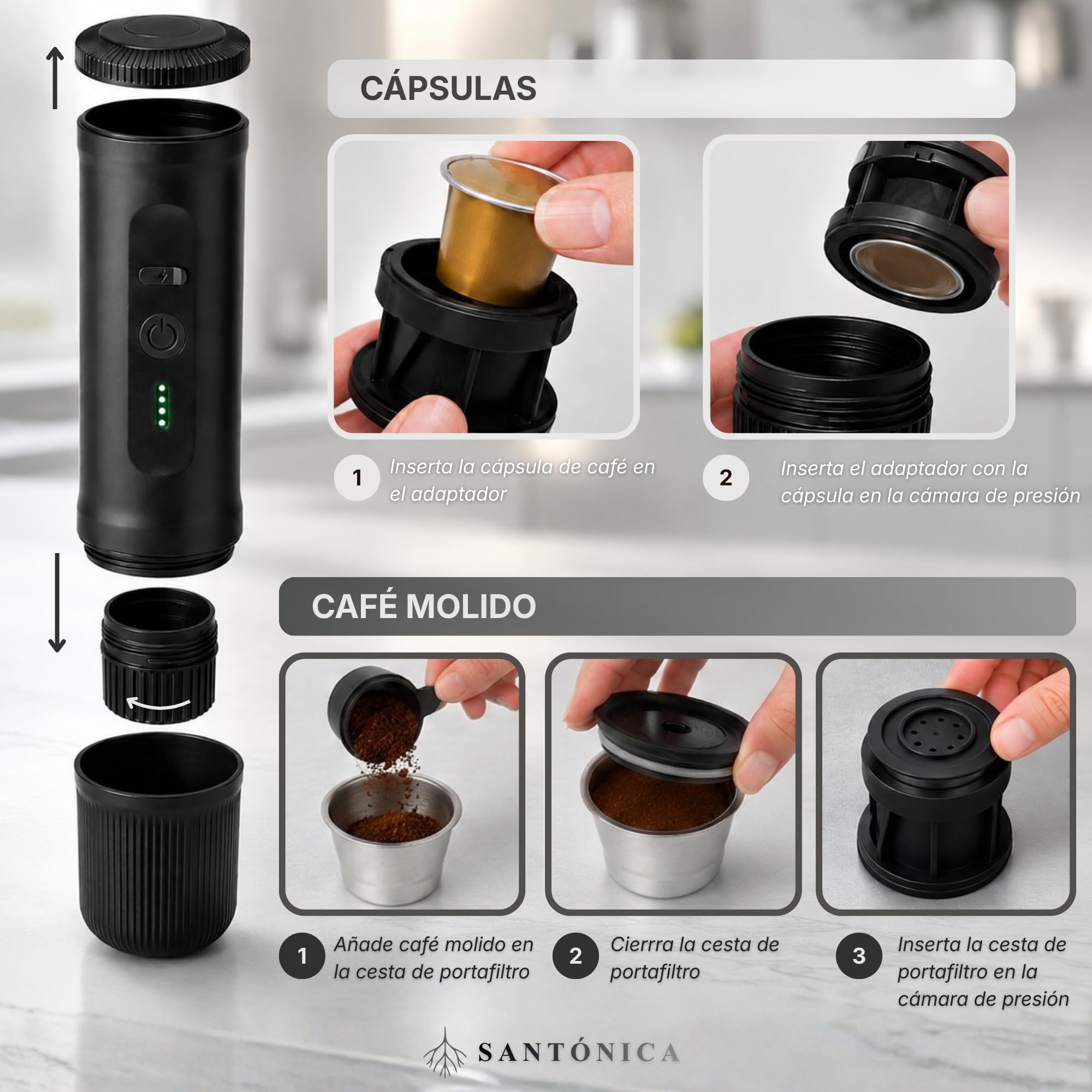 Cafetera Portatil Capsulas 2 En 1 Y Cafe Molido, Cafetera Capsulas Portatil 20 Bar Con Calentamiento Y Carga Rapida USB C, Compatible Con Capsulas Para Viaje