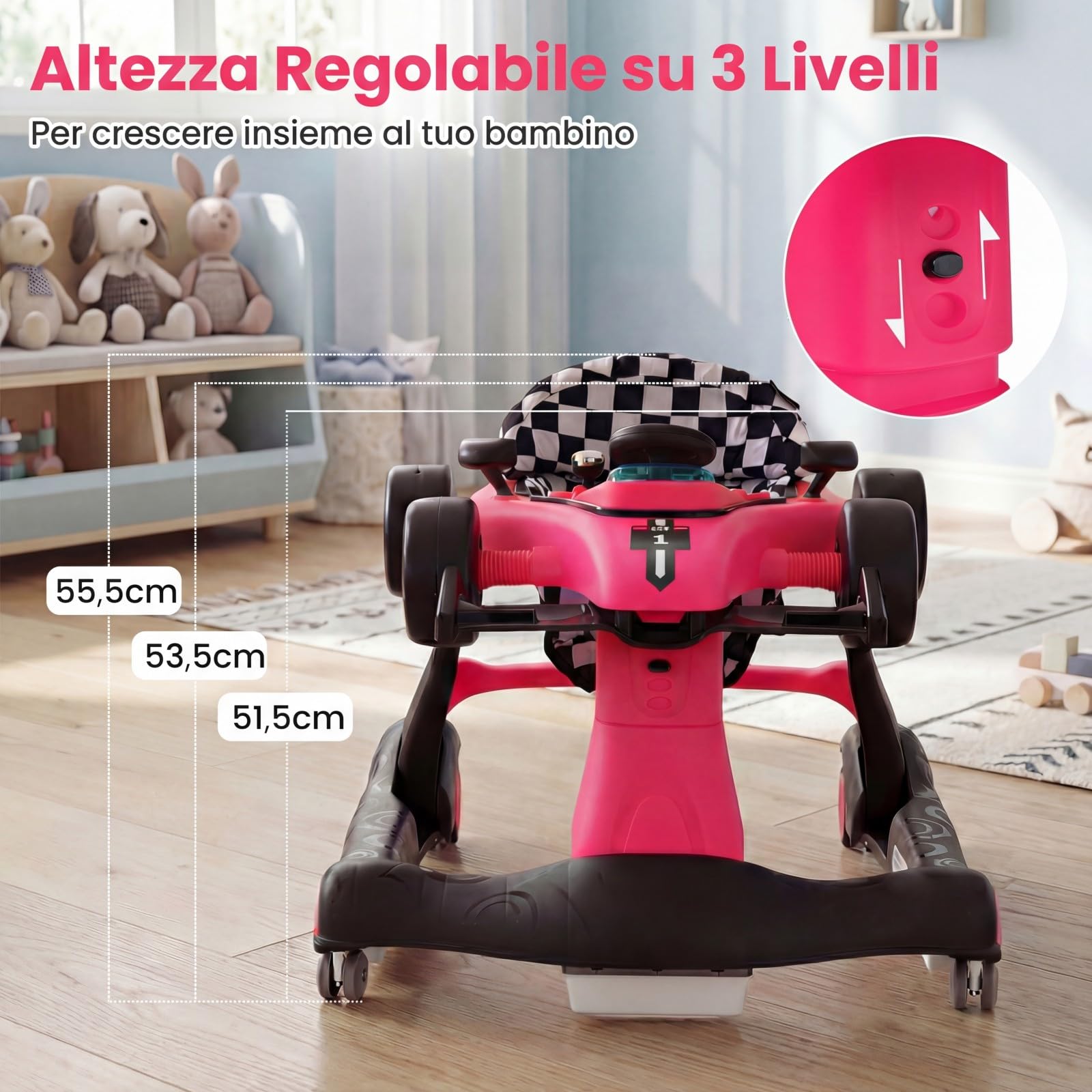 RELAX4LIFE Girello per Bambini 6 in 1 con Luci e Suoni, Vassoio Giocattolo Rimovibile, 2 Velocità Ruote e 3 Altezze Regolabili 50,5/53,5/55,5 cm, Portata 12 kg (ROSA SHOCKKING)