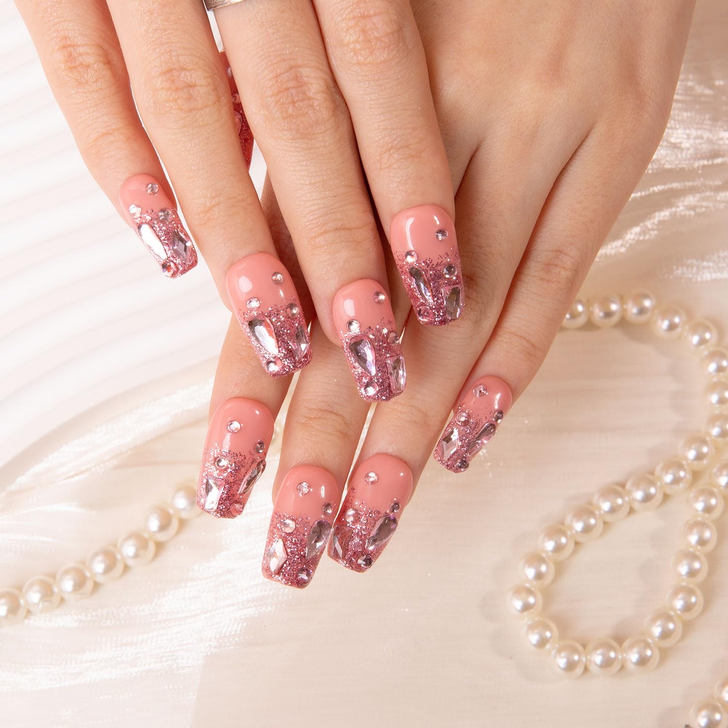 LOVFUL Press on Nails Pink Glitter| Handmade with Full Covered Crystals | Reusable Fake Nails | Square Regular 1.0 in | H60L