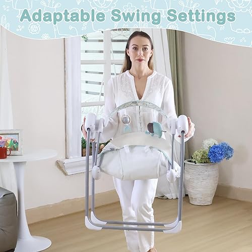 Miniatura 8 de Columpio de bebé para bebé, columpio para recién nacido con música, 5 niveles de velocidad, ajuste de tiempo, cojín suave, columpio plegable para