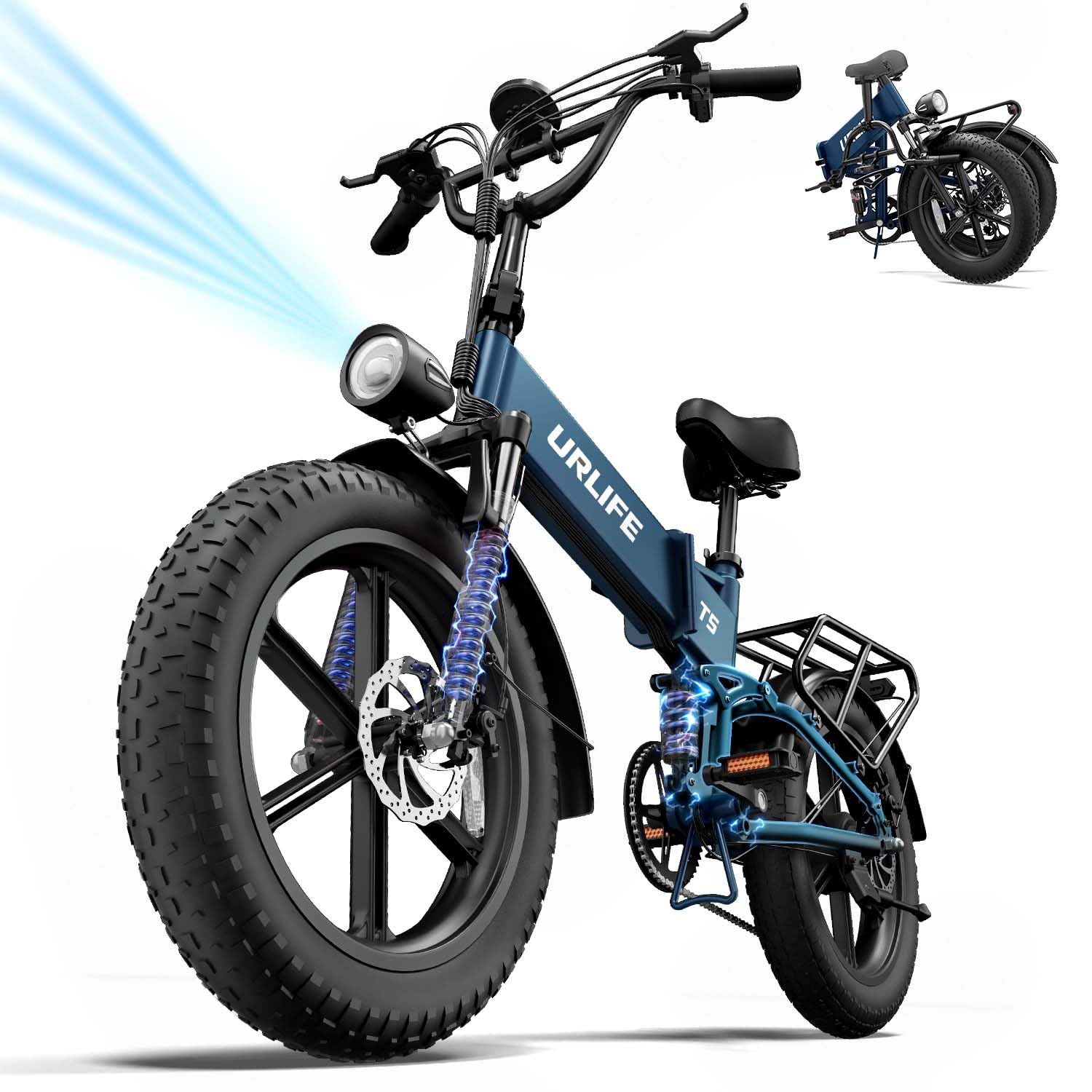 URLIFE Folding Electric Bike, 20 * 4.0 Inch Fat Tire E-Bike for Adult 48V 13AH Removable Battery, 80-100KM Long Range, Full Suspension for All Terrains, Electric Mountain Bike with LED (BLUE)
