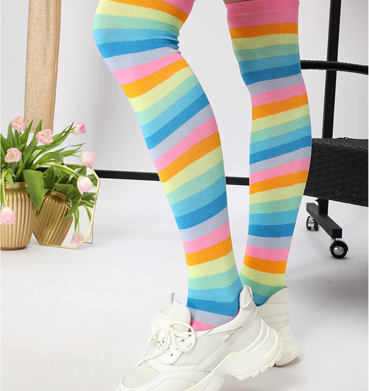3 Pairs Rainbow Socks for Women, Funky Colorful Stripe Thigh High Over Knee Socks, Pastel Colorful Rainbows Tights Stockings Accessories for Women and Girls