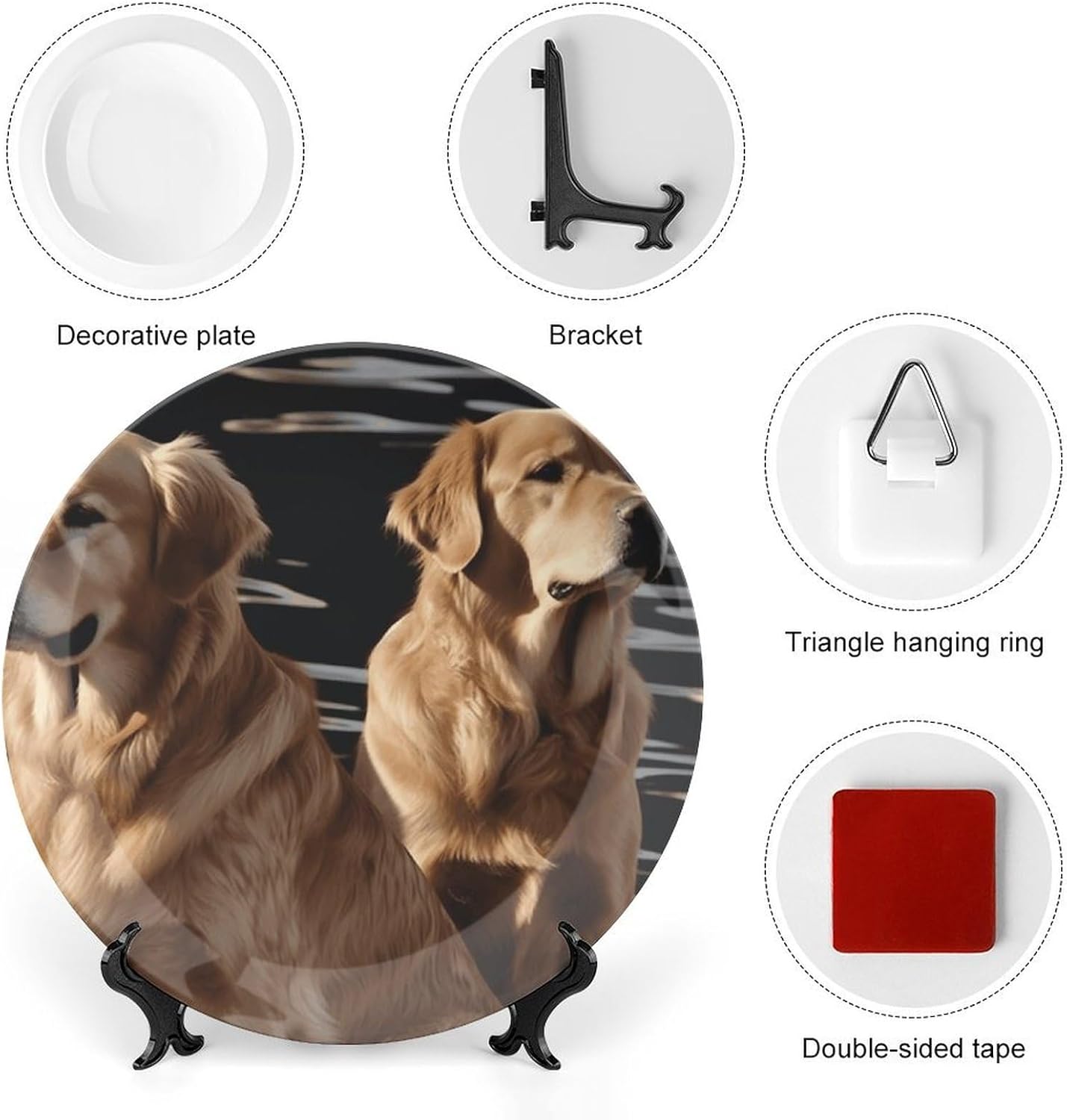 Golden Retrievers Decorative Plates for Display Round Porcelain Plate Living Room Table Ceramic Hanging Decorative Plate Art Decor for Living Room Table with 1 Display Stand 10inch