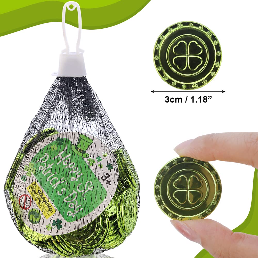 AEVBSOY 100 Pcs St. Patrick's Day Coins Shamrock Coins Lucky Saint Patrick's Day CoinsTable Sprinkles Table Scatter Decoration Coins Green Plastic Embossed 4 Leafs Coins Party Favor Supplies