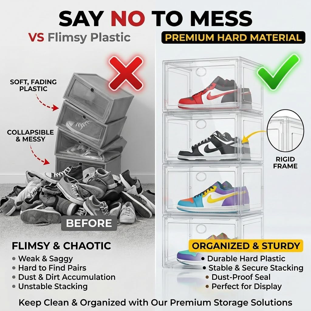 Large Shoe Boxes Clear Plastic Stackable, 8 Pack Drop Side Shoe Storage Organizer with Magnetic Door, Shoe Container Sneaker Storage Display Case Fit up to US Size 13 CLEAR