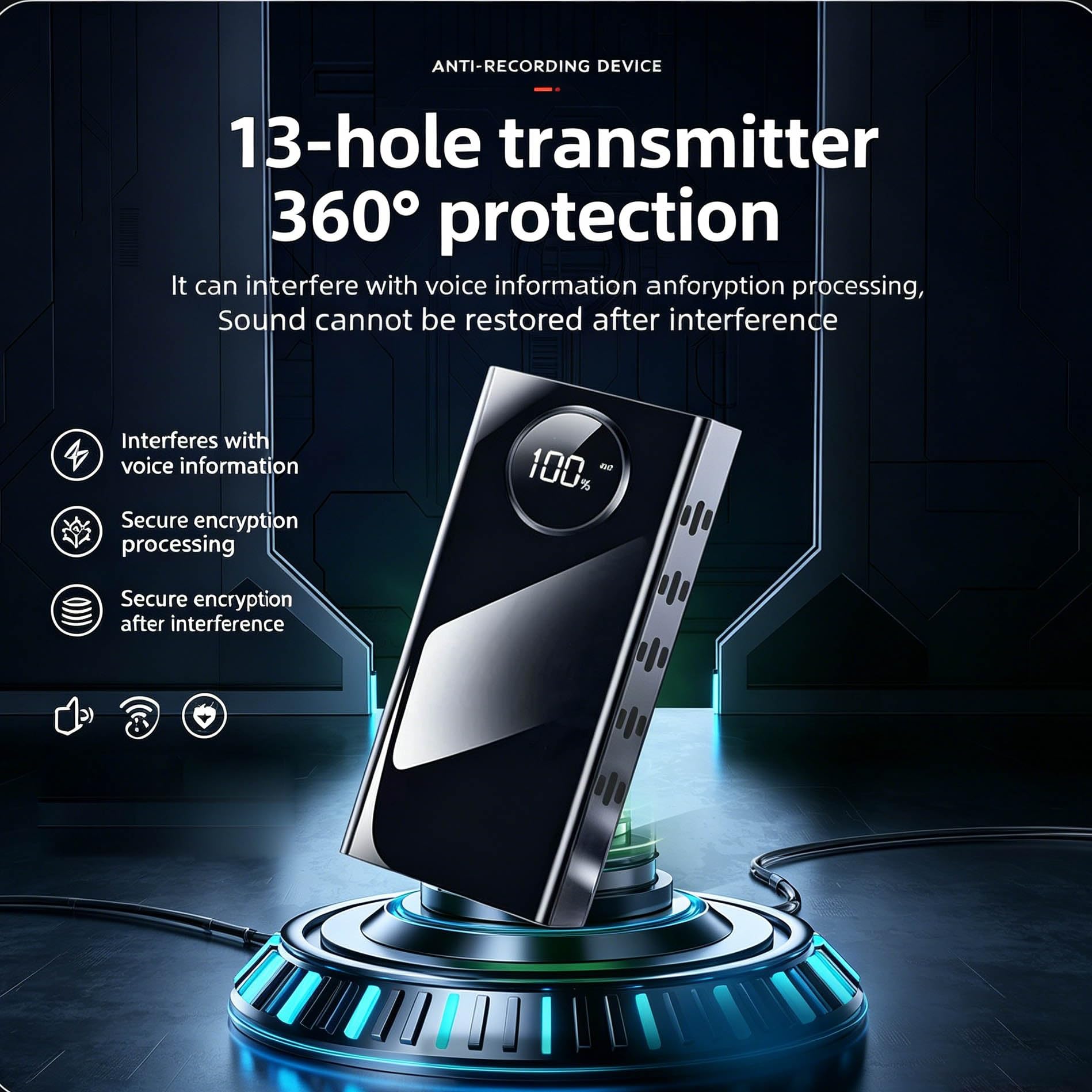 Dispositivo antigrabación, protector de privacidad de 360° con control remoto, batería de 9000 mAh y caja de aleación de aluminio, bloqueador antigrabador portátil