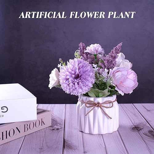 Miniatura 9 de Flores artificiales en maceta blancas, pequeño jarrón de cerámica falsas, decoración de escritorio para interiores para el hogar y la oficina,