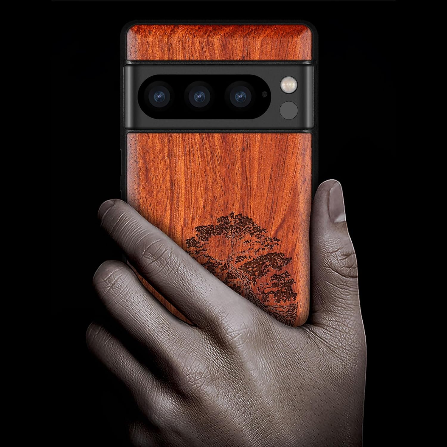 Carveit Wood Case for Pixel 8 Pro Case [Natural Wood & Black Soft TPU] Shockproof Protective Unique Wooden Cover Compatible with Google Pixel 8 Pro (Yin Yang Bonsai Tree-Rosy)