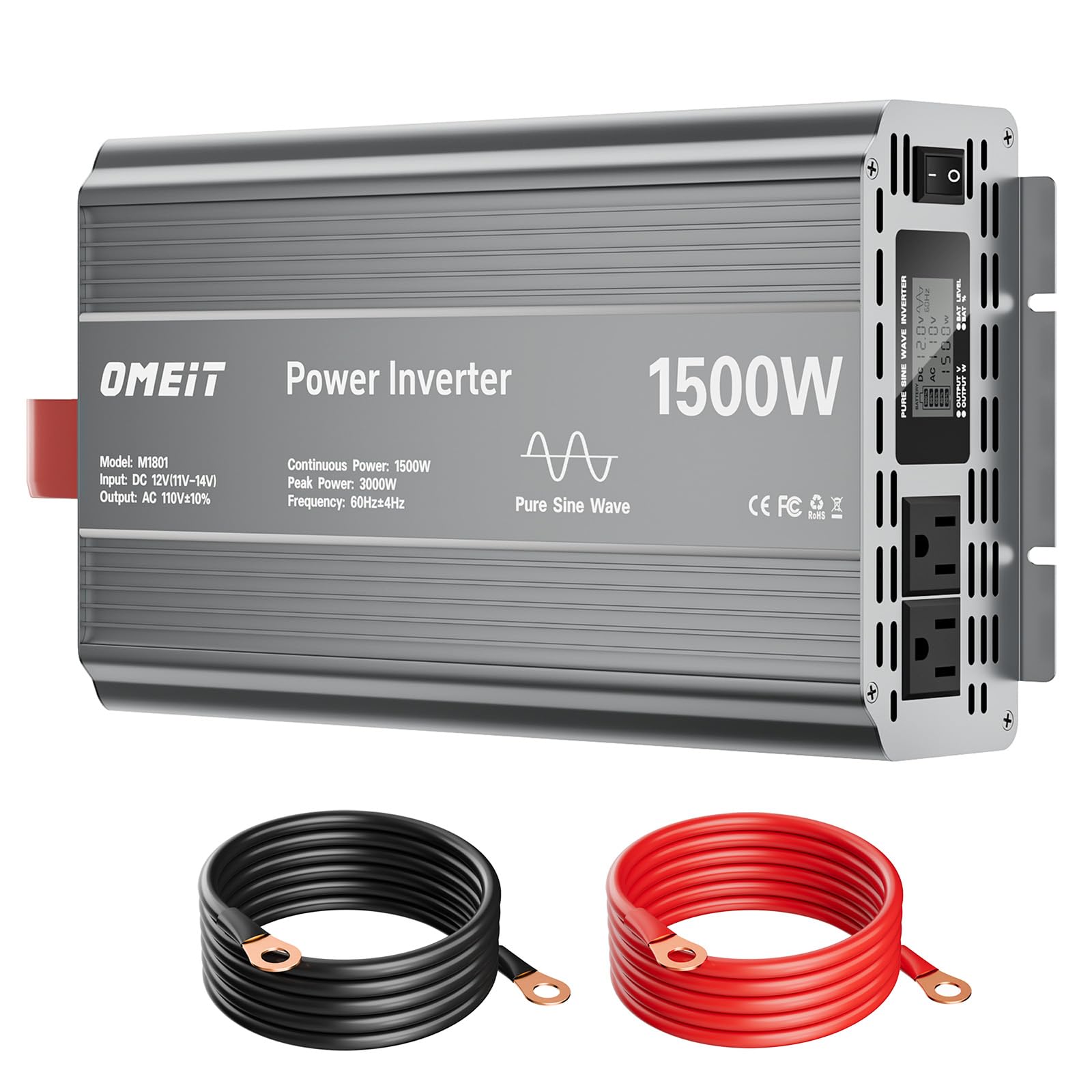 Photo 1 of 1500W Pure Sine Wave Power Inverter, 12V DC to 110V/120V AC for Car, RV, Truck, Home, Off-Grid, Camping with 2 AC Outlets, LCD Display and 3000W Surge