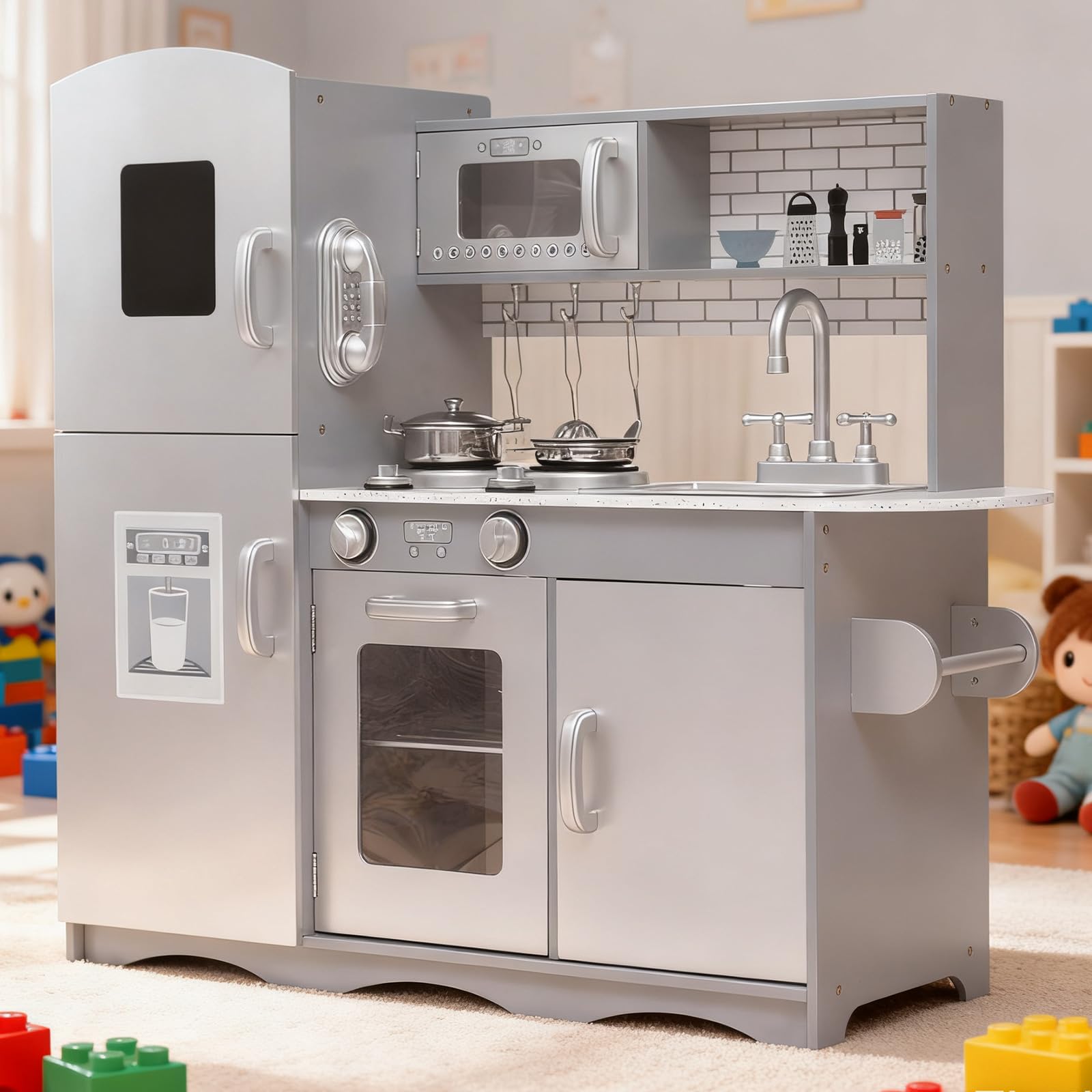 GALACTICA Wooden Pretend Play Kitchen Set for Kids β Includes Cooking Utensils & Toys for Boys & Girls β Fun Role Play Game, Gift Idea for Toddlers & Children, Grey (WW-PK-04)
