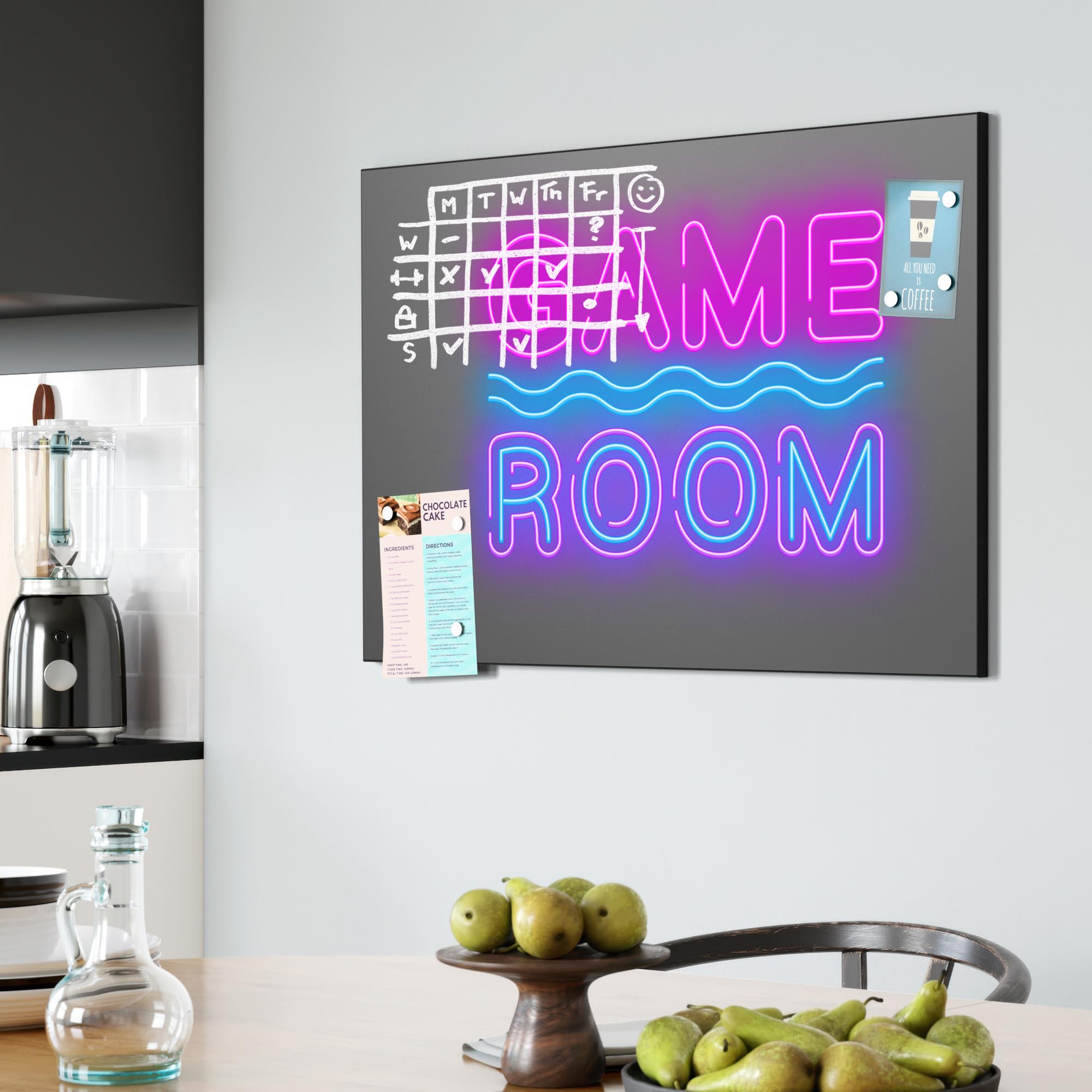 DEQORI Pizarra magnética con impresión UV | diseño "Neon Game Room" | diseño rectangular de 90 x 60 cm | tiza pizarra metálica se puede escribir – Decoración de pared para cocina, pasillo, habitación