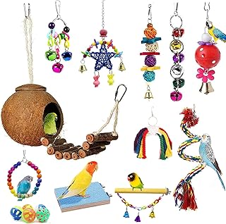 16 PCS Bird Parrot Toys Hanging Bells Ball Swing Natural Coconut Birds Cage with Ladder Toy Pet Birds Stand Chewing Perches Wooden Toys for Parrots Parakeets Budgie Cockatiels Macaws