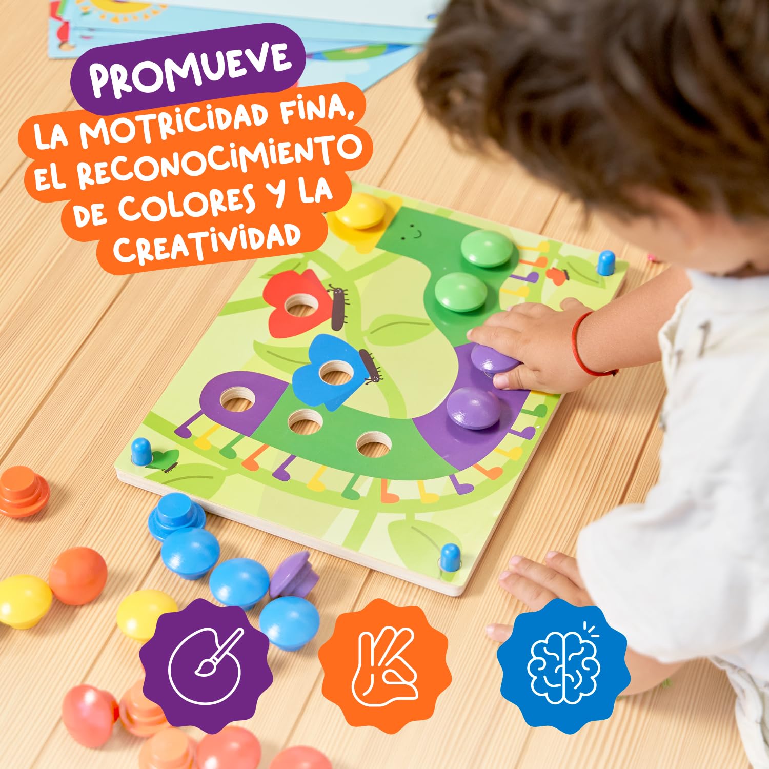 Nene Toys Puzzle de Madera para Niños 2+ Años – Juguete Montessori con Botones de Colores y Tarjetas – Mosaico Educativo Infantil para Motricidad Fina – Regalo Niño Niña 2 3 Años - Juego Didáctico