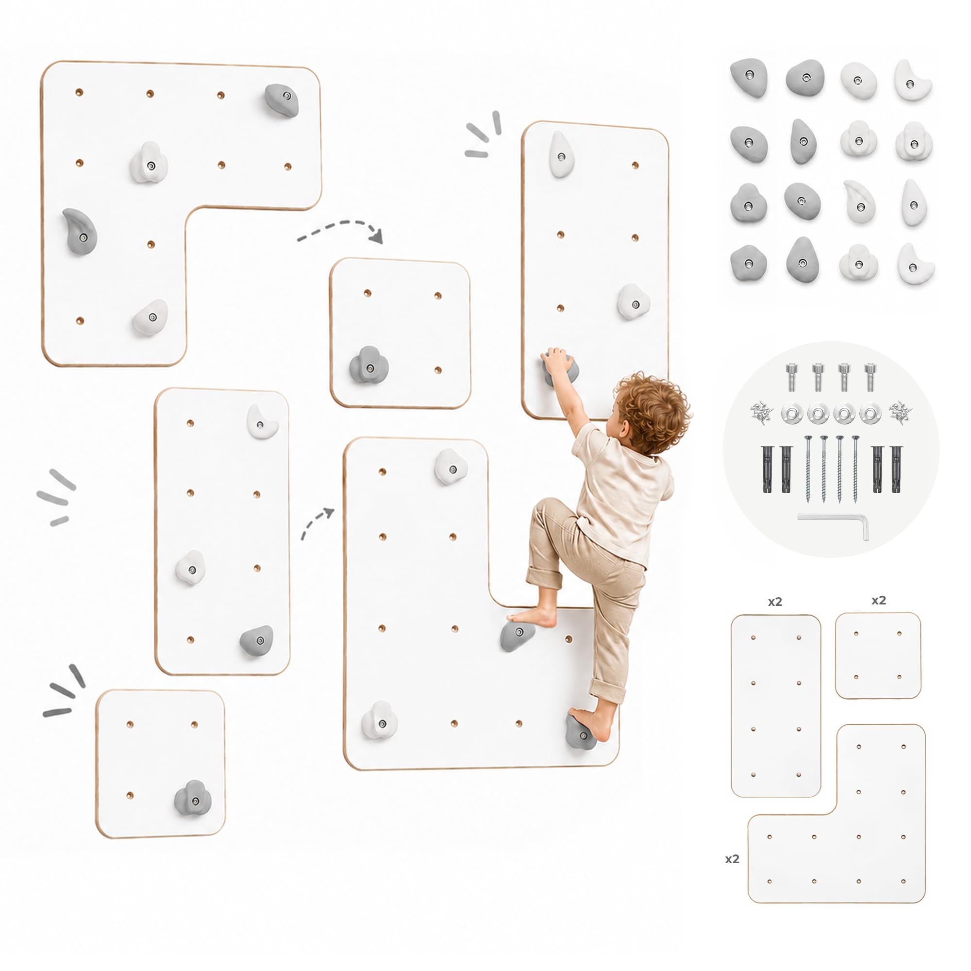 MAMOI® Indoor Climbing Wall with Handles, Modern Climbing Wall for the Room, White Wood Composite Board, Climbing Set for Mounting