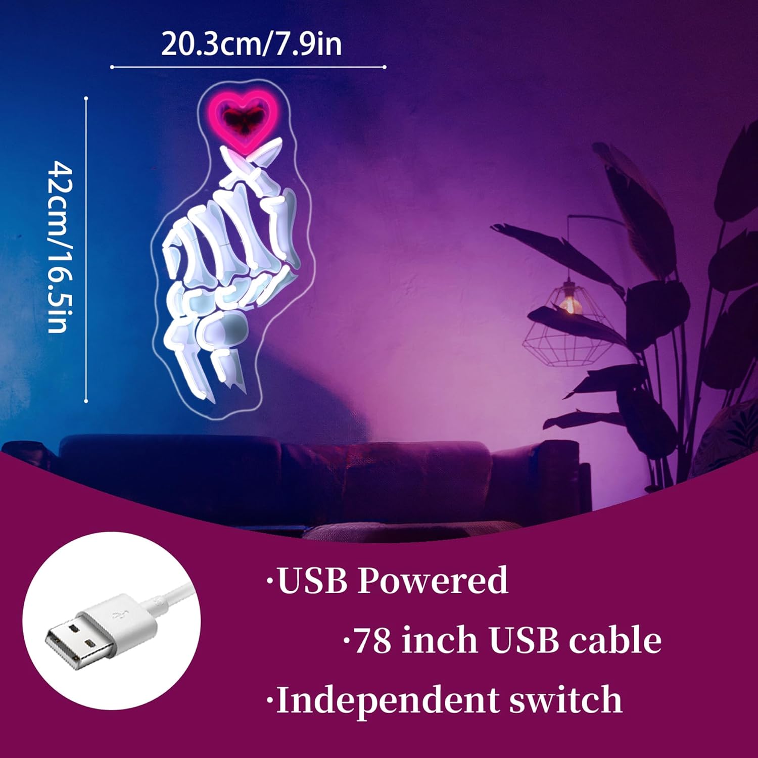 Neon Sign Led Neon Lights Neon Signs for Wall Decor USB Powered Led Neon Signs for Room Decoration (Skeleton Finger Heart)