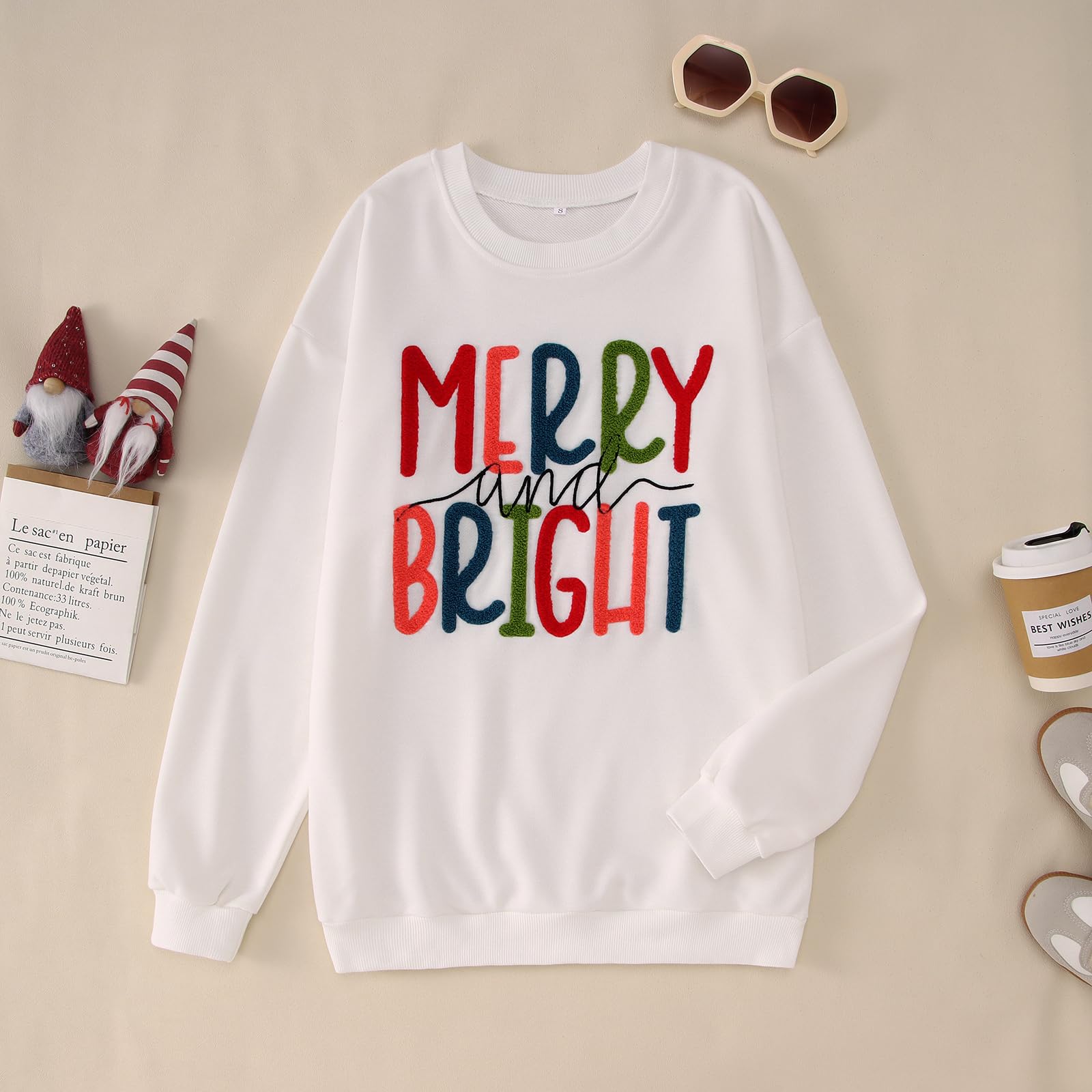 MODNTOGA Merry and Bright Sudadera de cuello redondo para mujer, suéter de Feliz Navidad, con parche retro con purpurina, camiseta de Feliz Navidad