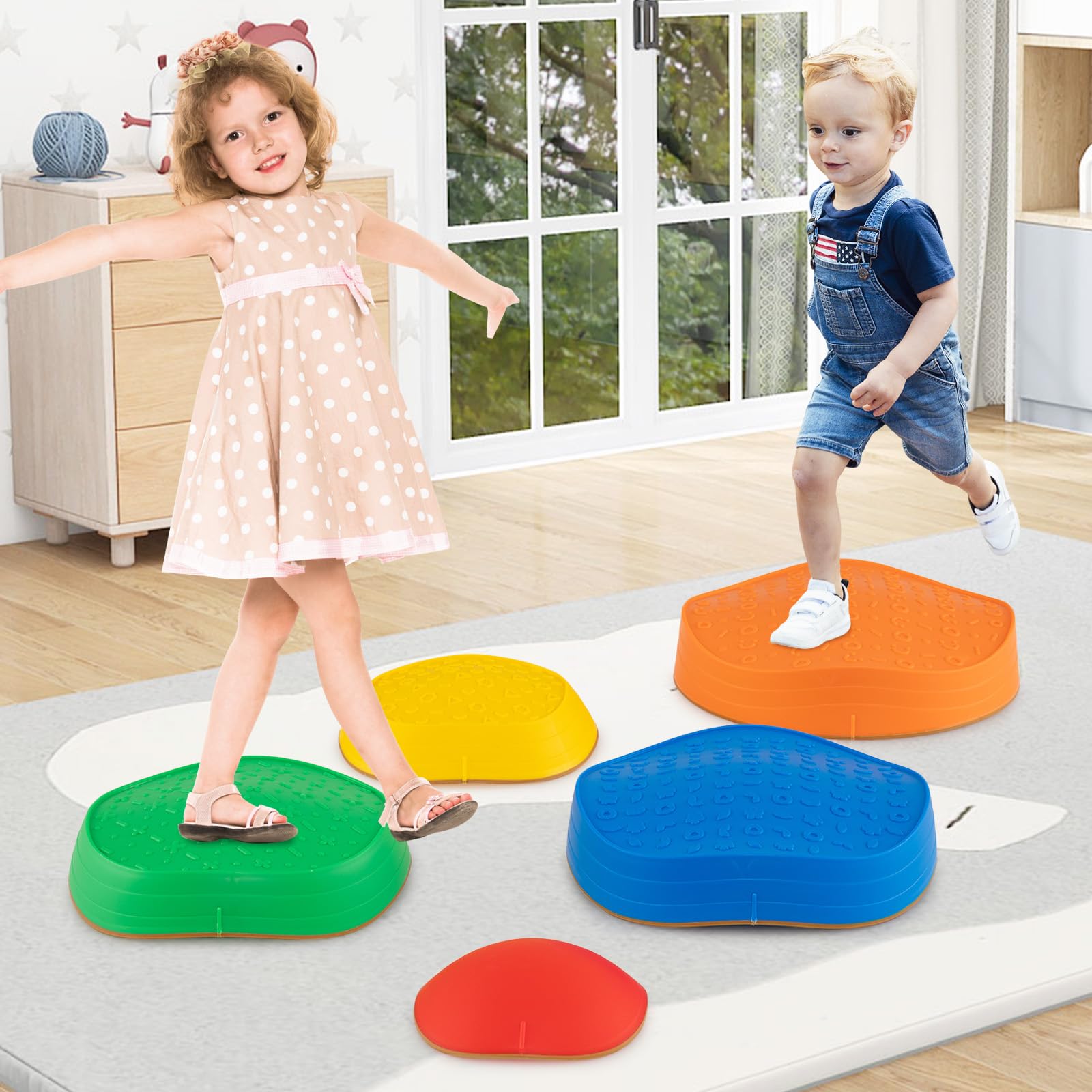 COSTWAY Pietre Equilibrio Bambini, Set di 5 Pietre di Bilanciamento Antiscivolo con Borsa per Trasporto per Abilità Motorie e Giochi di Coordinazione, Giocattoli Sensoriali per 3+ Anni