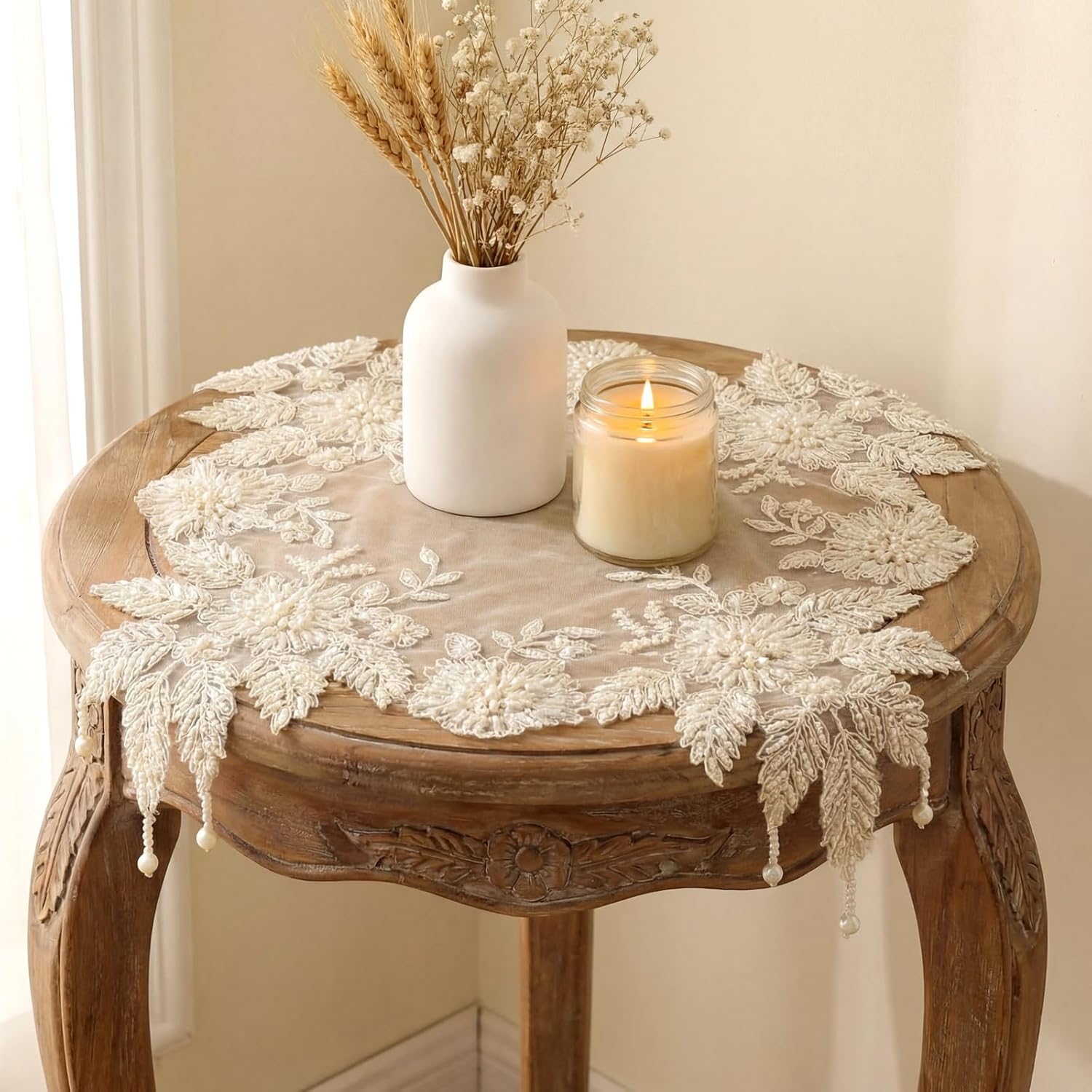 HunnmingRe 6 Pcs 15.7'' x 15.7'' Lace Doilies for Tables Handmade Embroidery Beaded Placemats Vintage Crochet Lace Doily Mat for Coffee Table, Furniture Flower Pot Nightstand Study Living Room Wedding