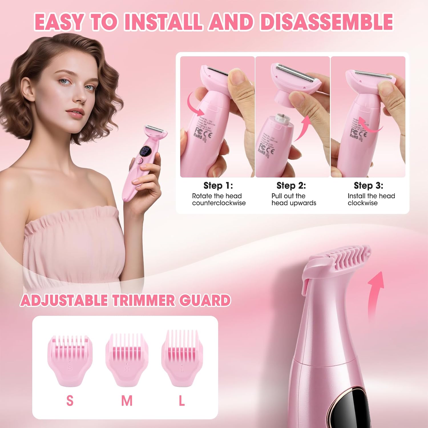 5 in 1 Bikini Trimmer for Women,IPX7 Waterproof Cordless Replaceable Pubic,Eyebrow,Facial Electric Razors&Nose Hair Trimmer&Painless Body Shaver for Arms Legs Underarms,USB Charge,LED Display,Wet&Dry