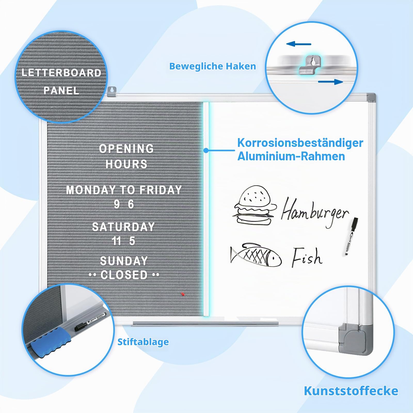 MAKELLO Magnetisches Whiteboard mit Pinnwand Buchstaben Tafel mit Aluminiumrahmen, Kombitafel für Küche, Wohnung und Büro 90x60cm