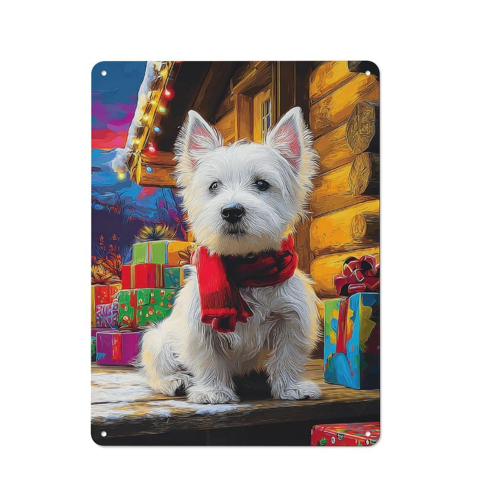 Junmoney Christmas Westie With Presents -1 Nostalgic Decorative Tin Plaque 40X30cm Featuring Classic Pub Decor For Cafe, Pub, Workshop Or Home Bar