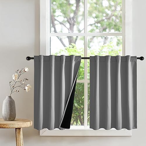 Miniatura 28 de PONY DANCE Cortinas de cocina 100% opacas cortas de 45 pulgadas de largo, cortinas de café con aislamiento térmico para ventanas con parte trasera