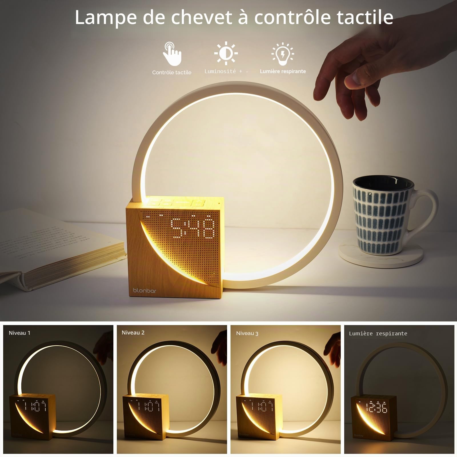blonbar Lampe de chevet 10 W avec réveil lumineux, ports de charge USB, intensité variable, 10 sons naturels pour adultes et enfants, 3 niveaux de luminosité pour chambre à coucher, salon, bureau