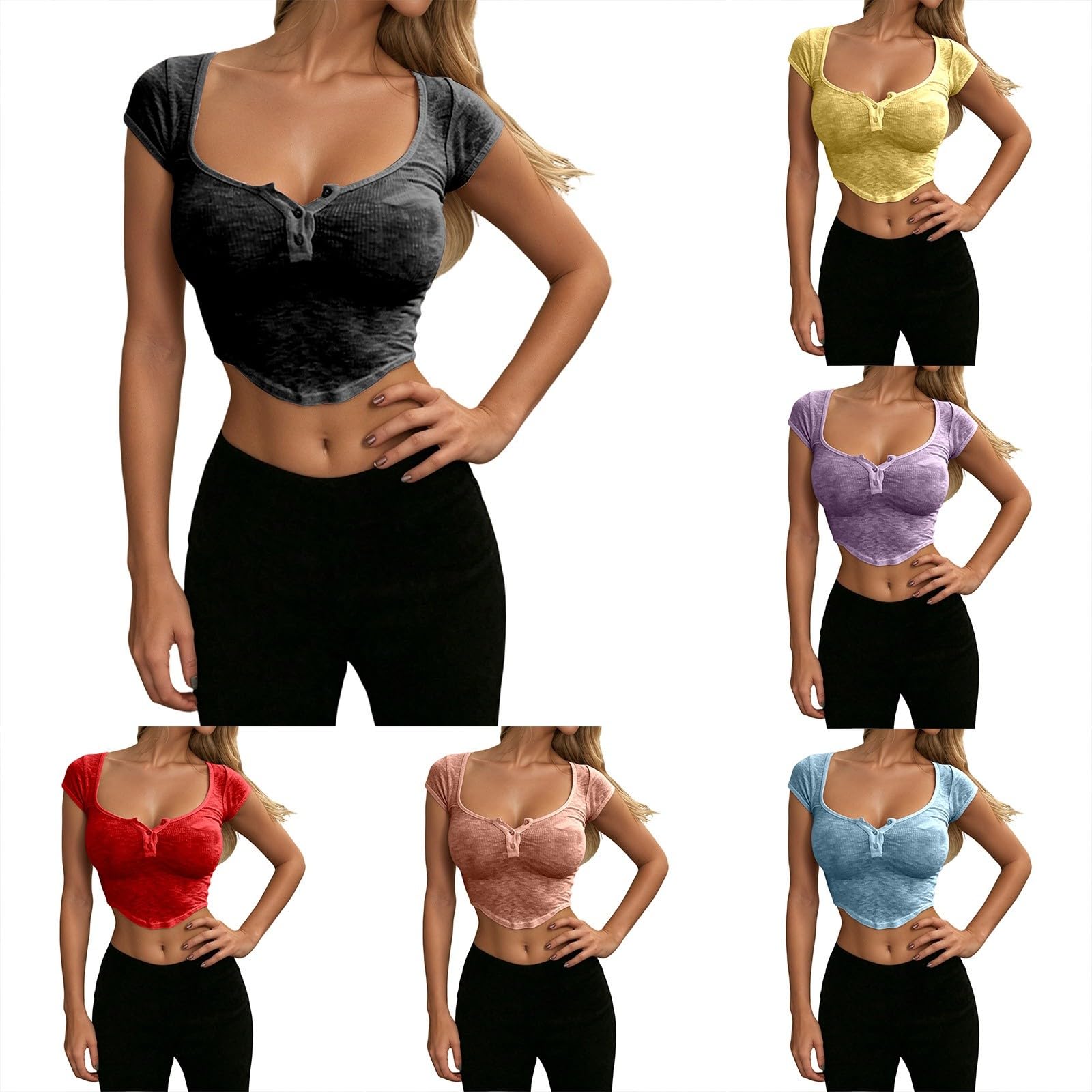 Camisa de lino para mujer Y2K Slim Fit acanalada cuello en V camiseta de manga larga con botones Casual Camiseta interior Slim Fit Blusa Streetwear manga corta Crop Top