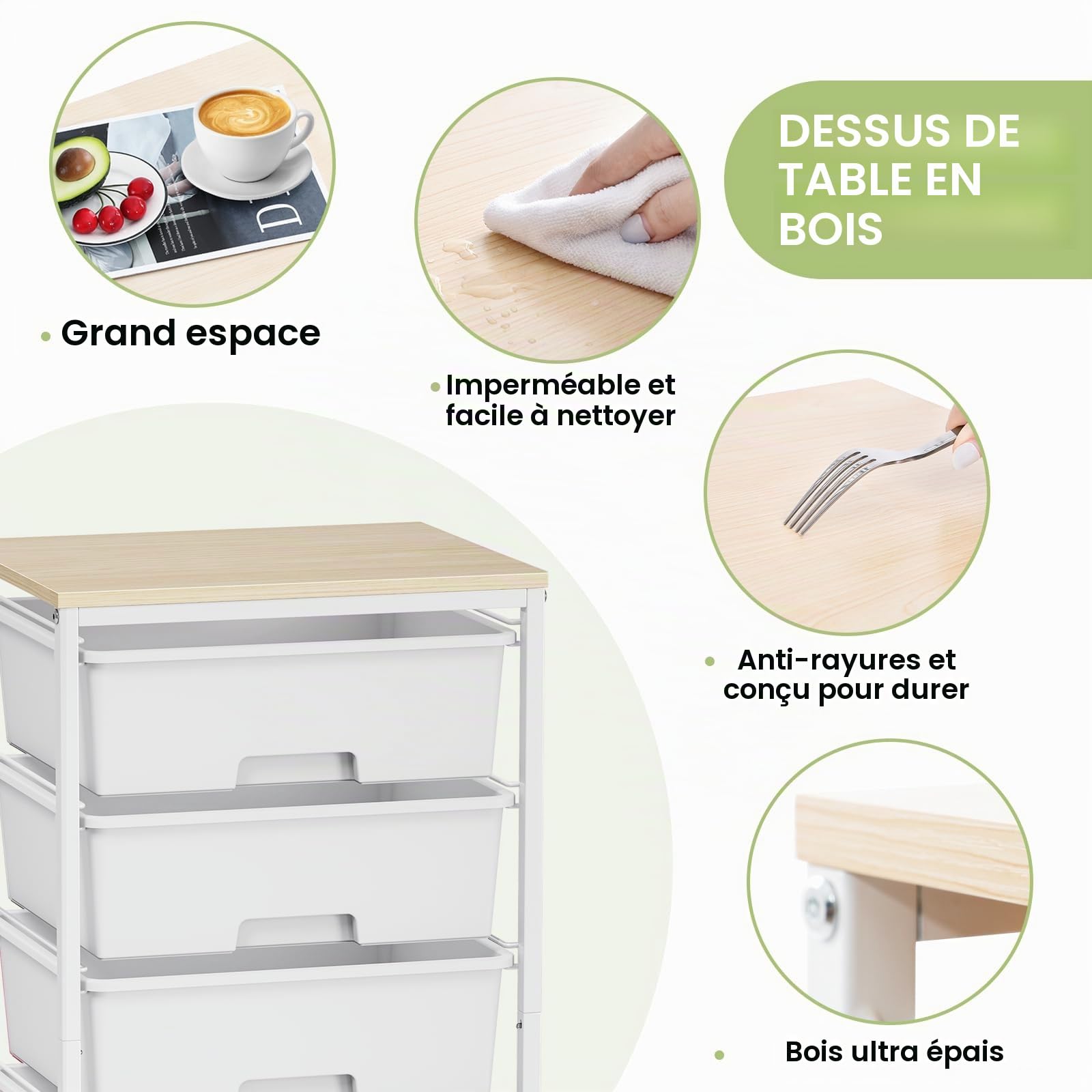 Chariot de rangement mobile à 6 tiroirs avec plateau en bois - Chariot de rangement mobile en plastique solide pour bureau, chambre d'enfant et salle de bricolage - Chariot de salle de bain avec roues