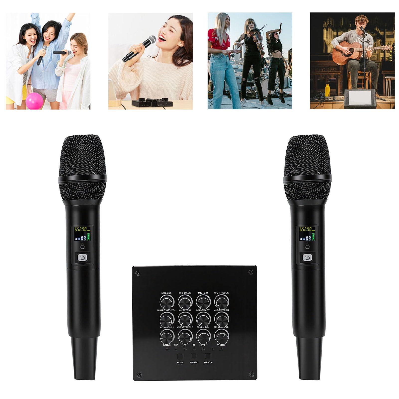 SENECESLI Bezprzewodowy System Mikrofonowy, Profesjonalny Podwójny Mikrofon do Karaoke UHF ze Zintegrowanym Korektorem, Krystalicznie Czysty Dźwięk, Bezprzewodowa Konstrukcja dla Karty