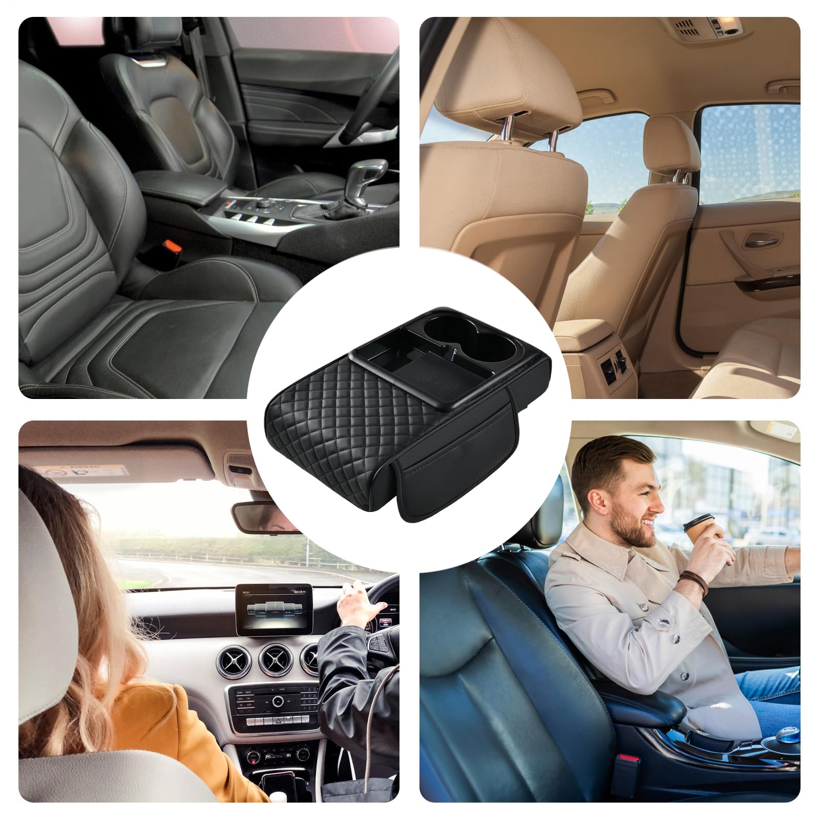 Autoarmruhe -Cover -Pad - künstliche Lederkonsolekissen, Seitentasche Organizer | Ellbogenunterstützung für die Armlehne des Autos, der Becherhalter für Tissue Box, Wasserflasche, Aufbewahrungsaufbewa
