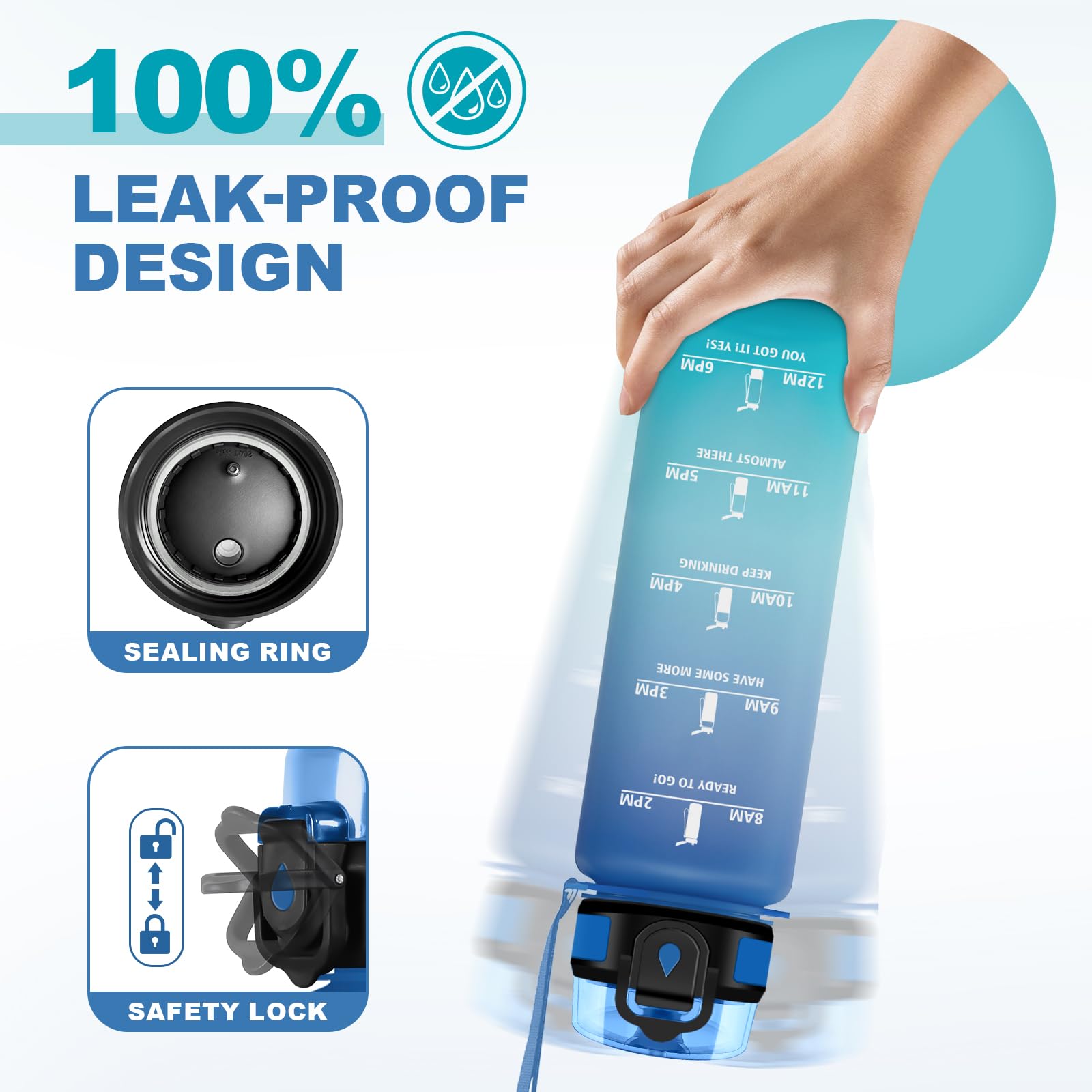 JAPORIA Borraccia 1L, Borraccia Palestra con Indicatore del Tempo, Borraccie con Filtro, Bottiglia Acqua Riutilizzabile, senza BPA, A Prova di Perdite, Bottiglia per Campeggio, Studenti, Ufficio