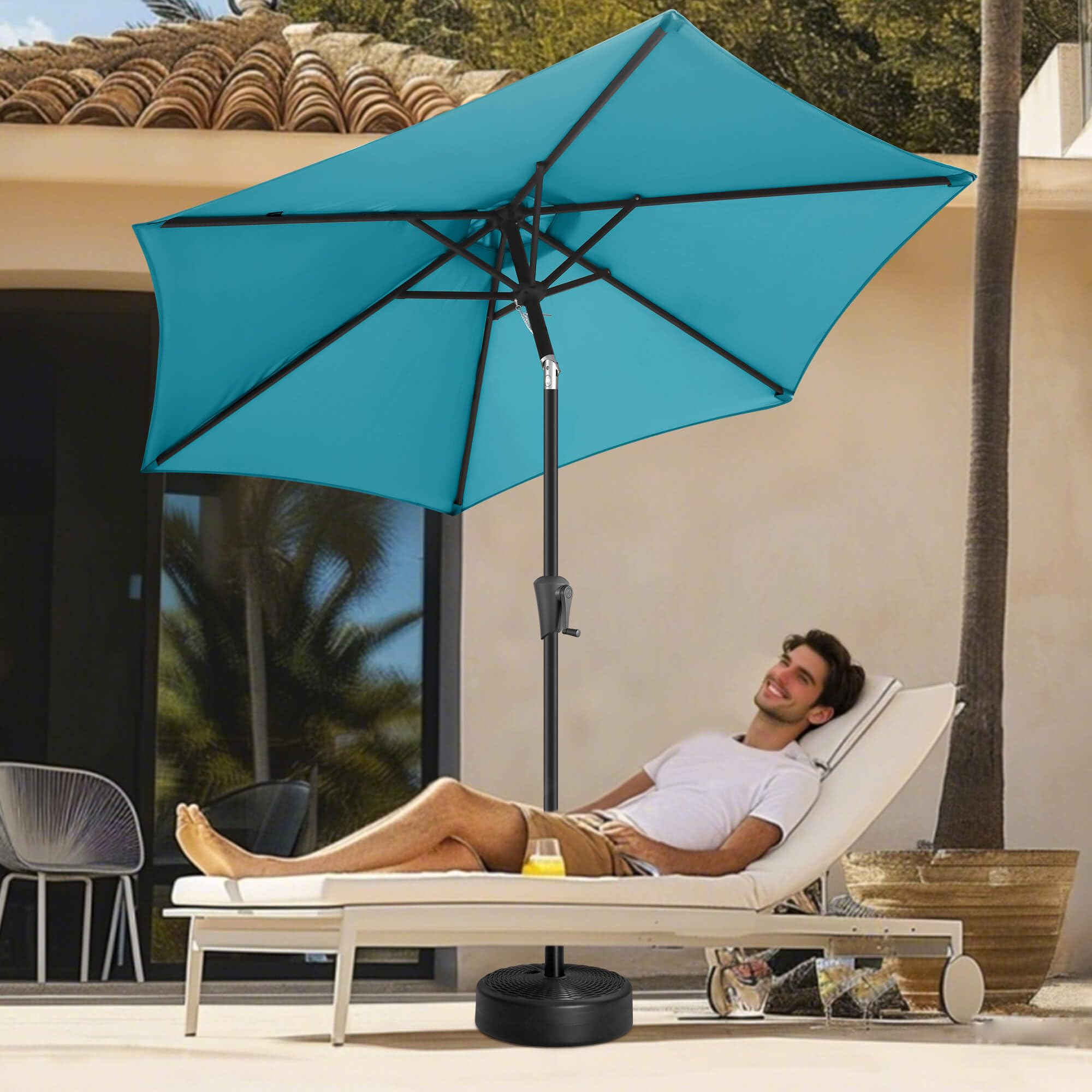 flame&shade 7.5ft patio umbrella - outdoor umbrella with push button tilt and crank for uv protection, table market umbrella for garden, deck, backyard, pool and beach(aqua blue)