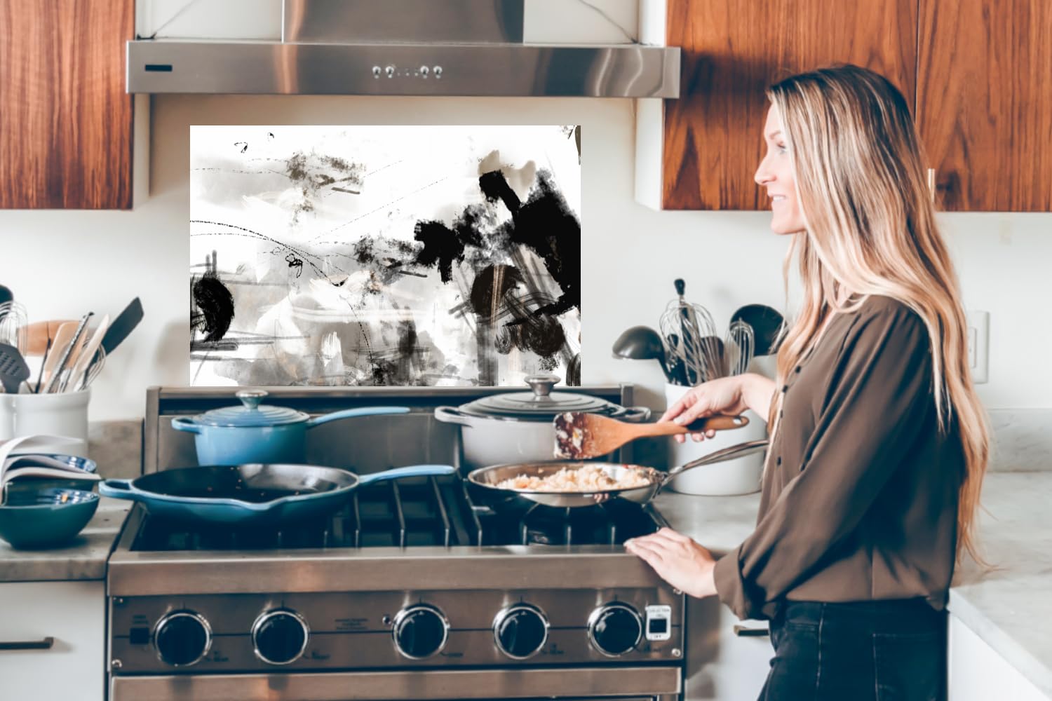 KitchenYeah© Crédence pour la Cuisine Murale 90x60 cm Aluminium Accessoire Déco Protège Mur Plaque Anti Protection Peinture - Noir et Blanc - Art