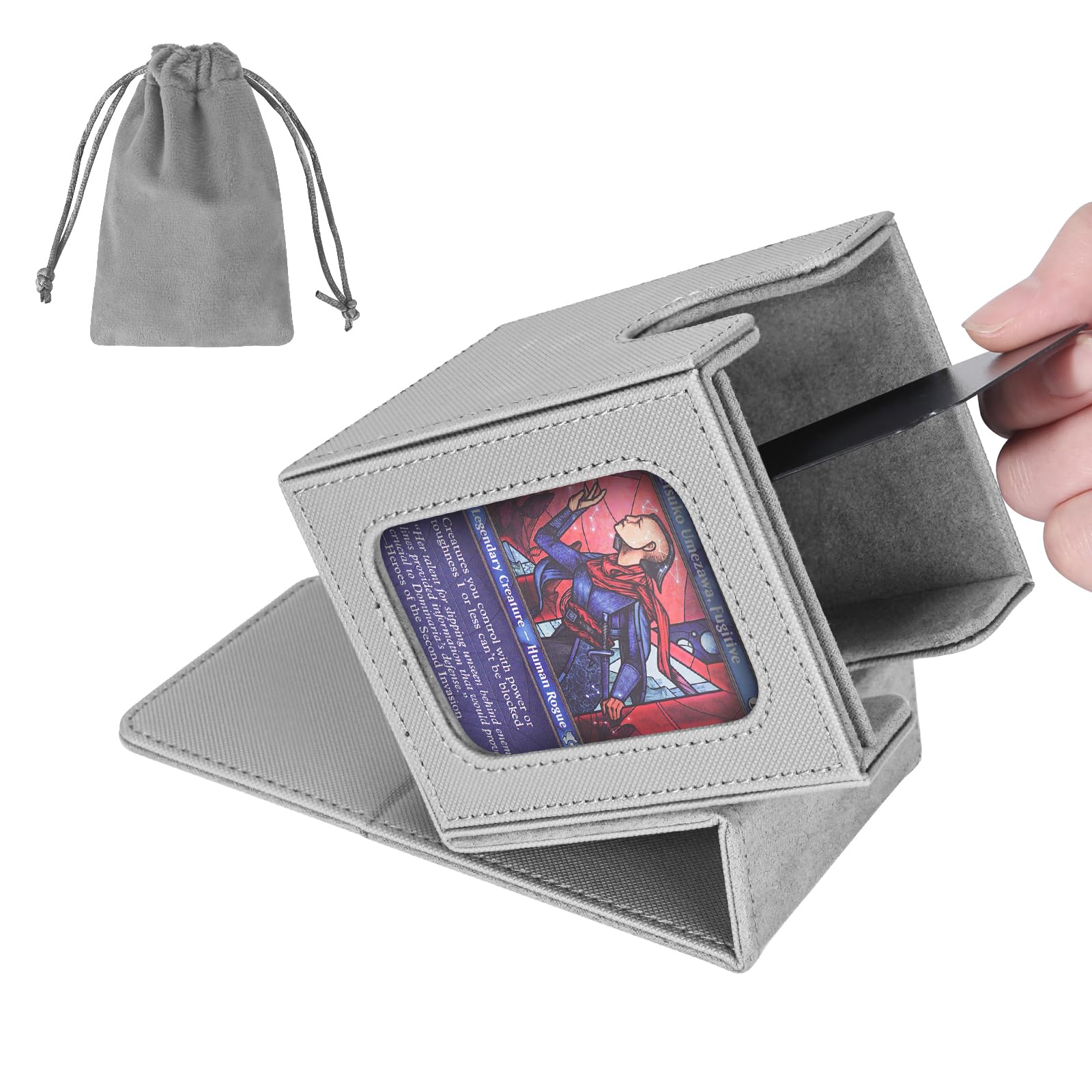 AFIING MTG Deck Box for Commander Display,Card Deck Box Fits 100 Double Sleeved Cards, Magic Commander TCG Card Storage Box with 2 Dividers,Drawstring Bag and 1 Toploader(Silver/grey) — image 1