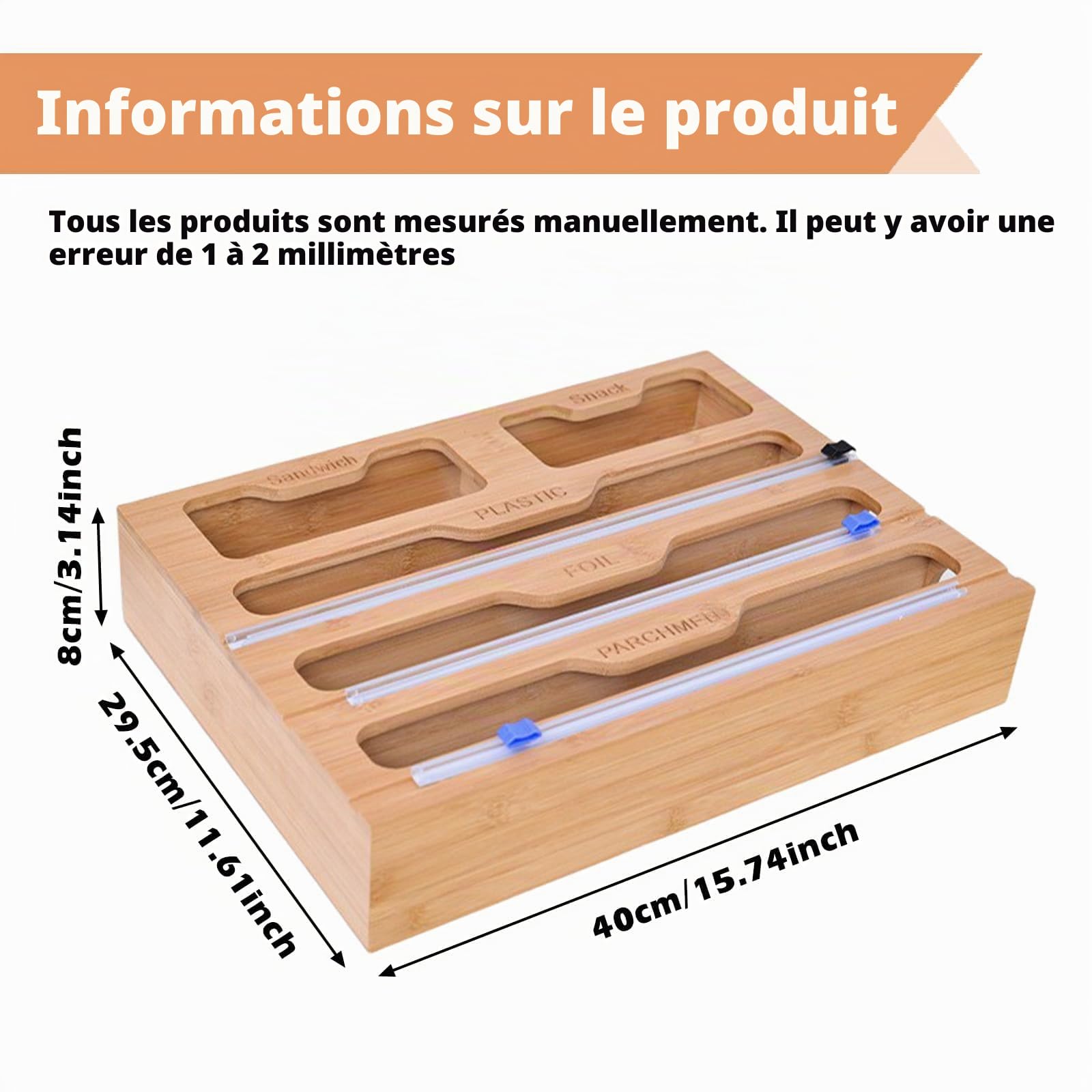Dévidoir de film 5 en 1 avec cutter, compatible avec coupe-film, distributeur de film d'aluminium, dérouleur de film alimentaire, distributeur de film alimentaire pour tiroir de cuisine (40 x 29,5 x 8