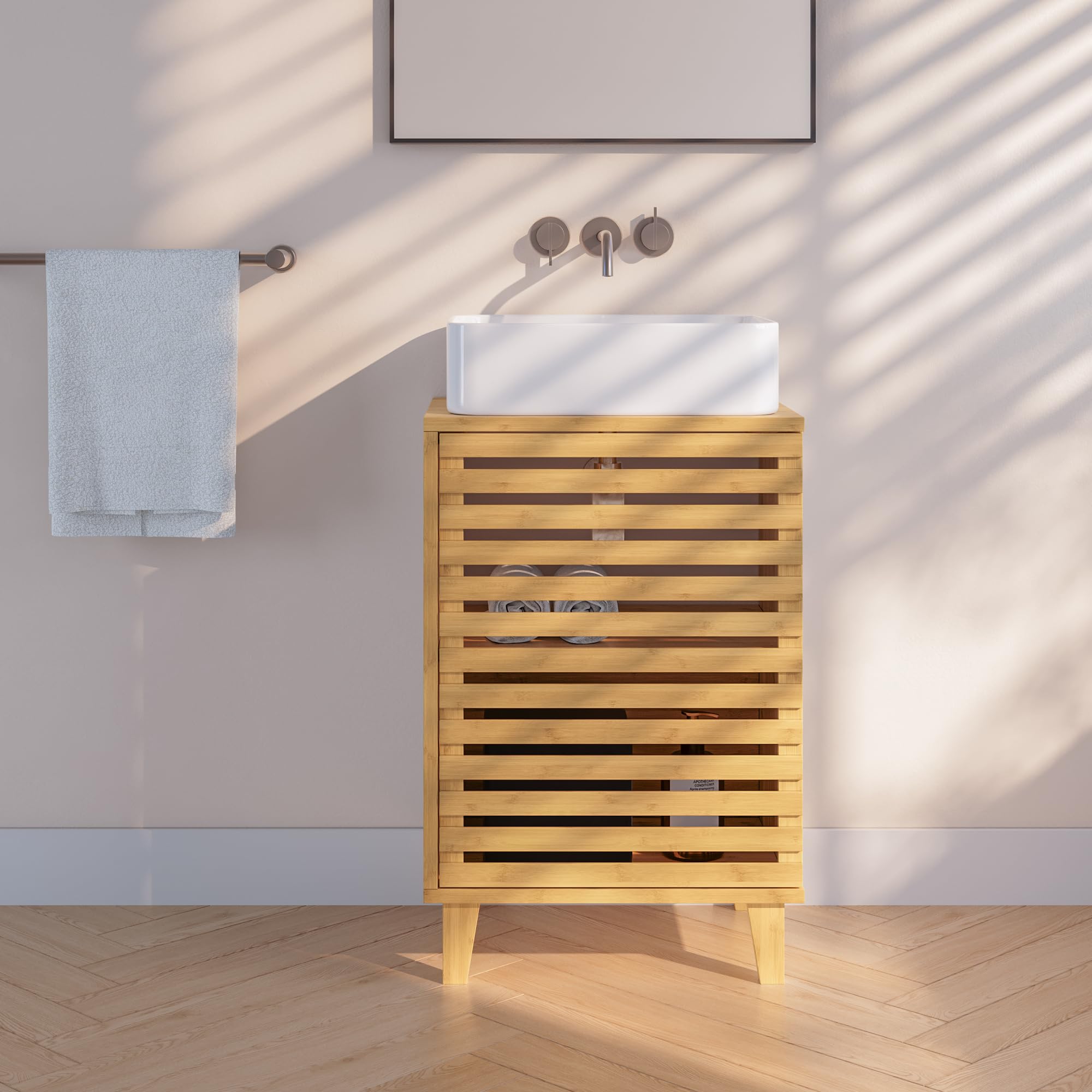 [en.casa] Mueble para Debajo del Lavabo Iveland con 2 Compartimentos Cerrados Mueble Auxiliar Baño con Puerta de Rejilla Ventilación Óptima Bambú 60 x 100 x 45 cm - Natural